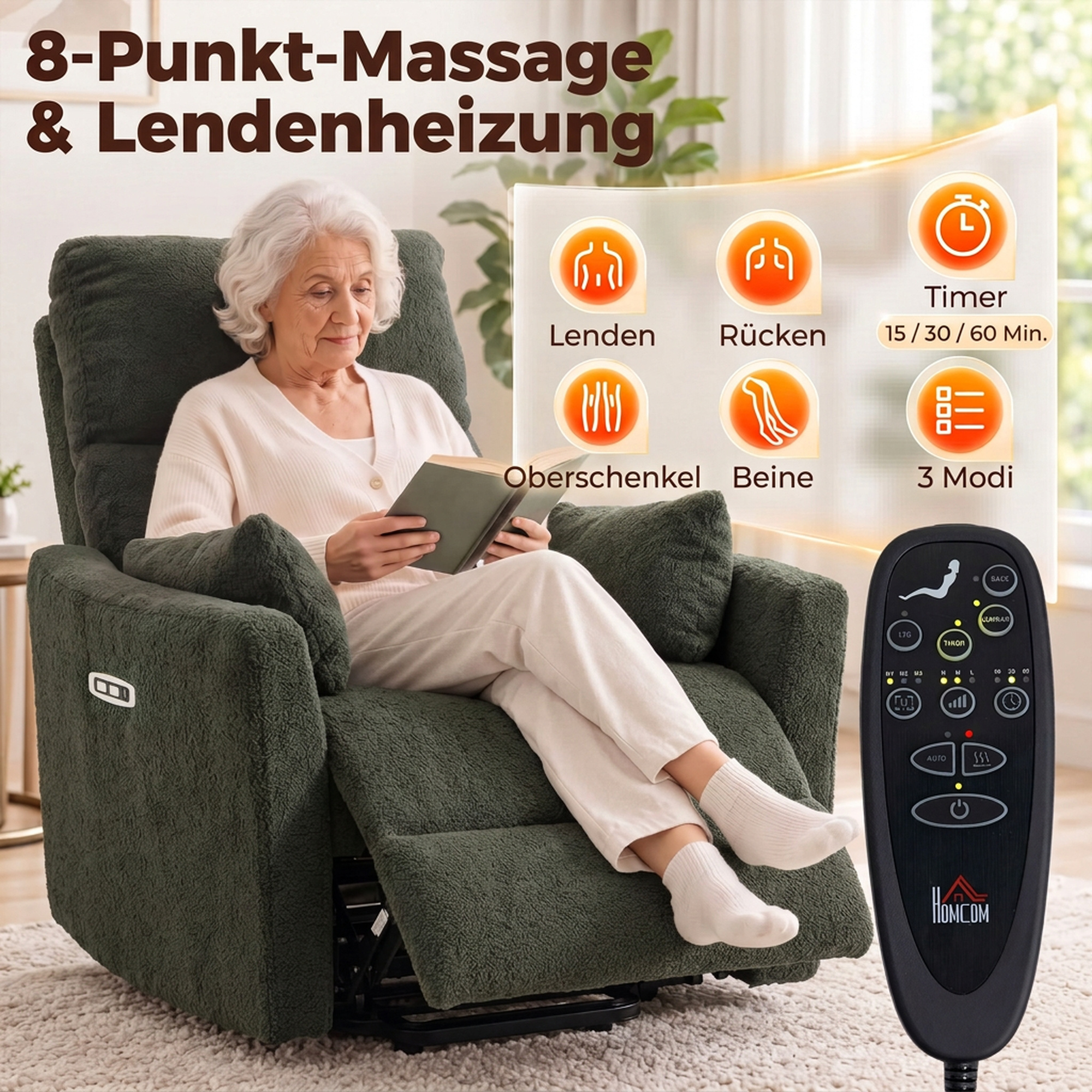 Aufstehsessel mit Massage und Wärme, elektrischer Relaxsessel aus Teddyfleece für Senioren, Dunkelgrün