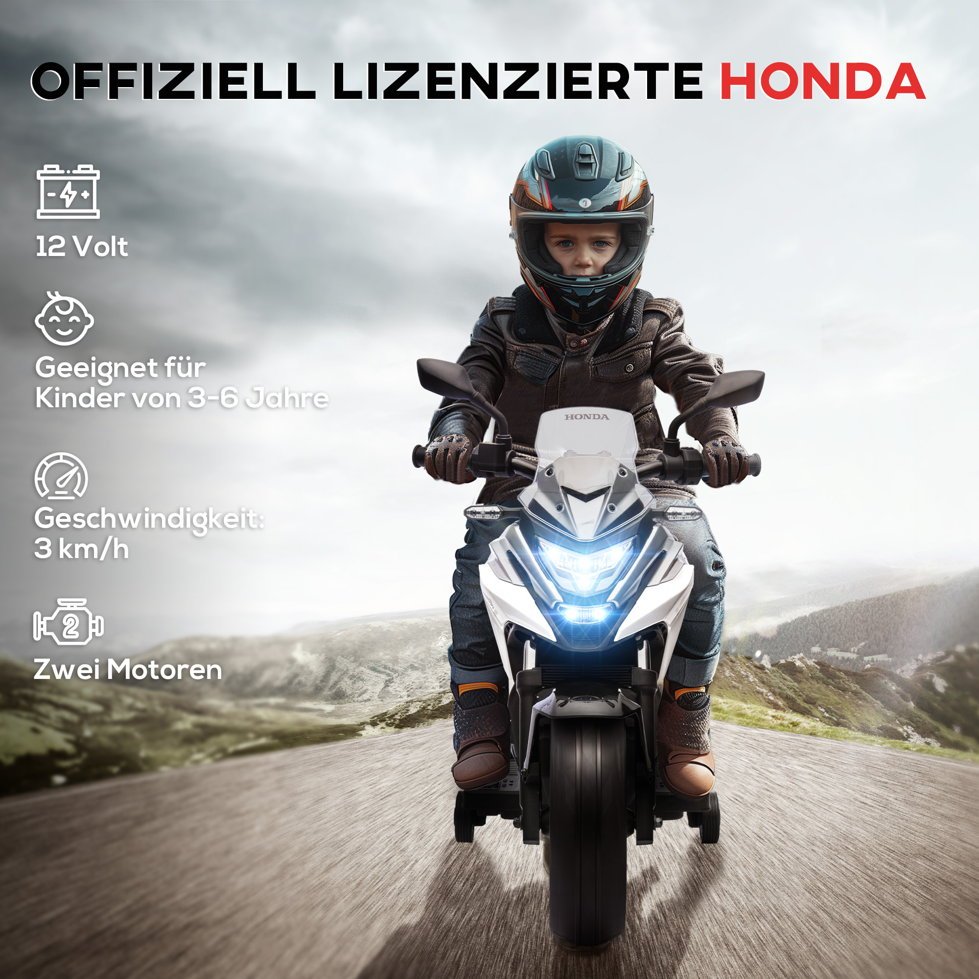 Elektro-Kindermotorrad, Honda, 3 km/h, Musik & Licht, 3-6 Jahre, bis 30 kg, Weiß
