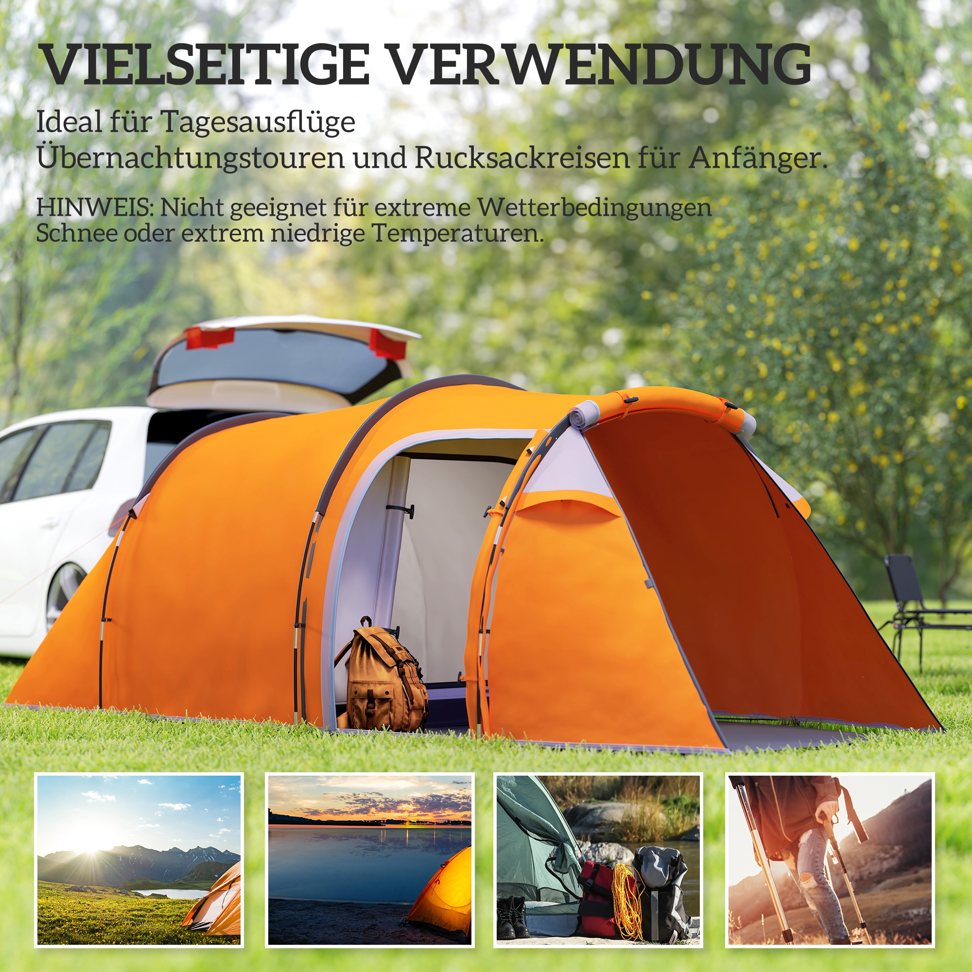 Tunnelzelt für 2-3 Personen, Campingzelt mit Vorraum Lampenhaken 2000mm Wassersäule Orange