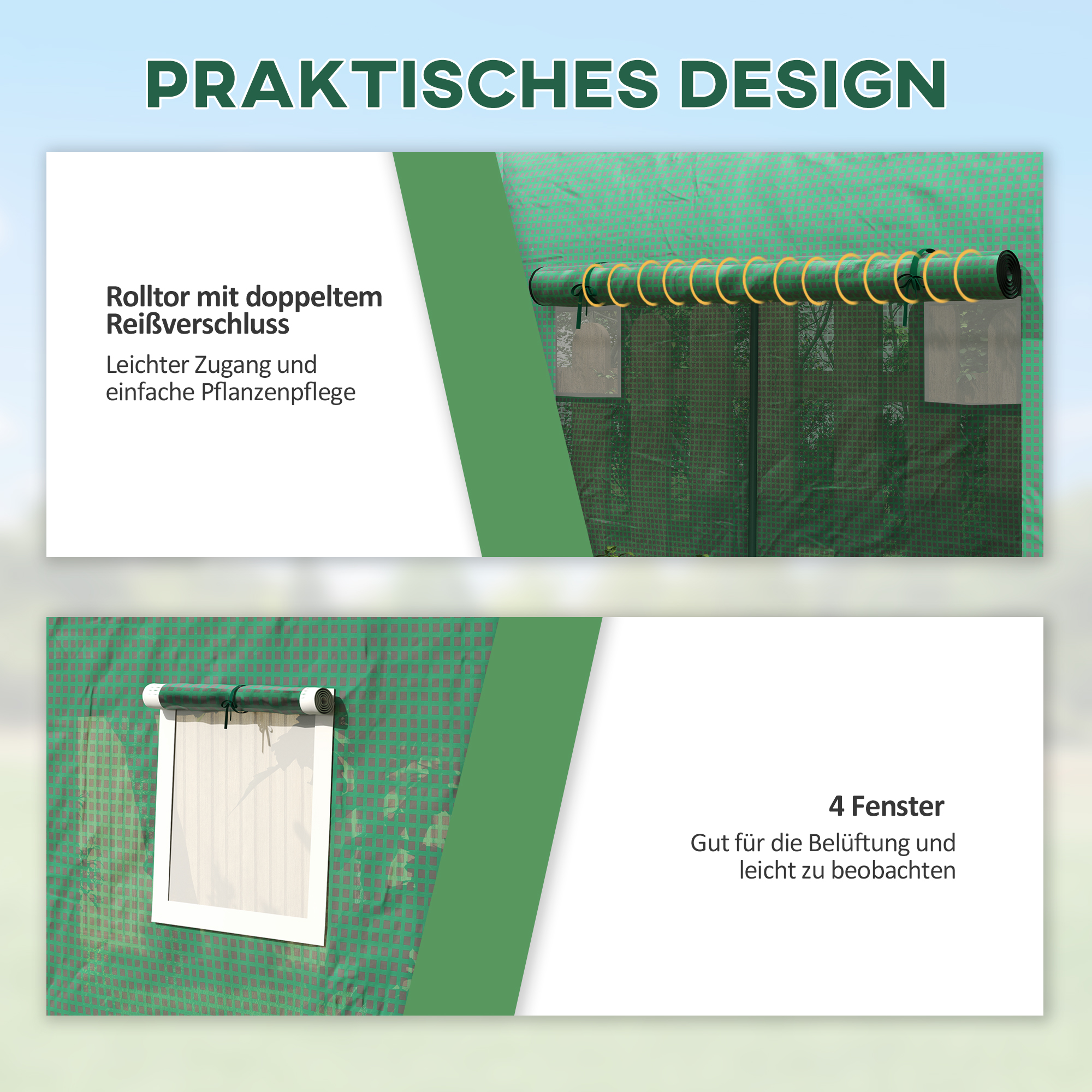 Gewächshaus mit Fernster, Tür, Foliengewächshaus aus Stahl, Treibhaus mit PE-Gitterfolie für Balkon, Garten, Tomatenhaus 300x100x200cm, Tomatengewächshaus für Gemüse, Blumen, Pflanzen, Grün
