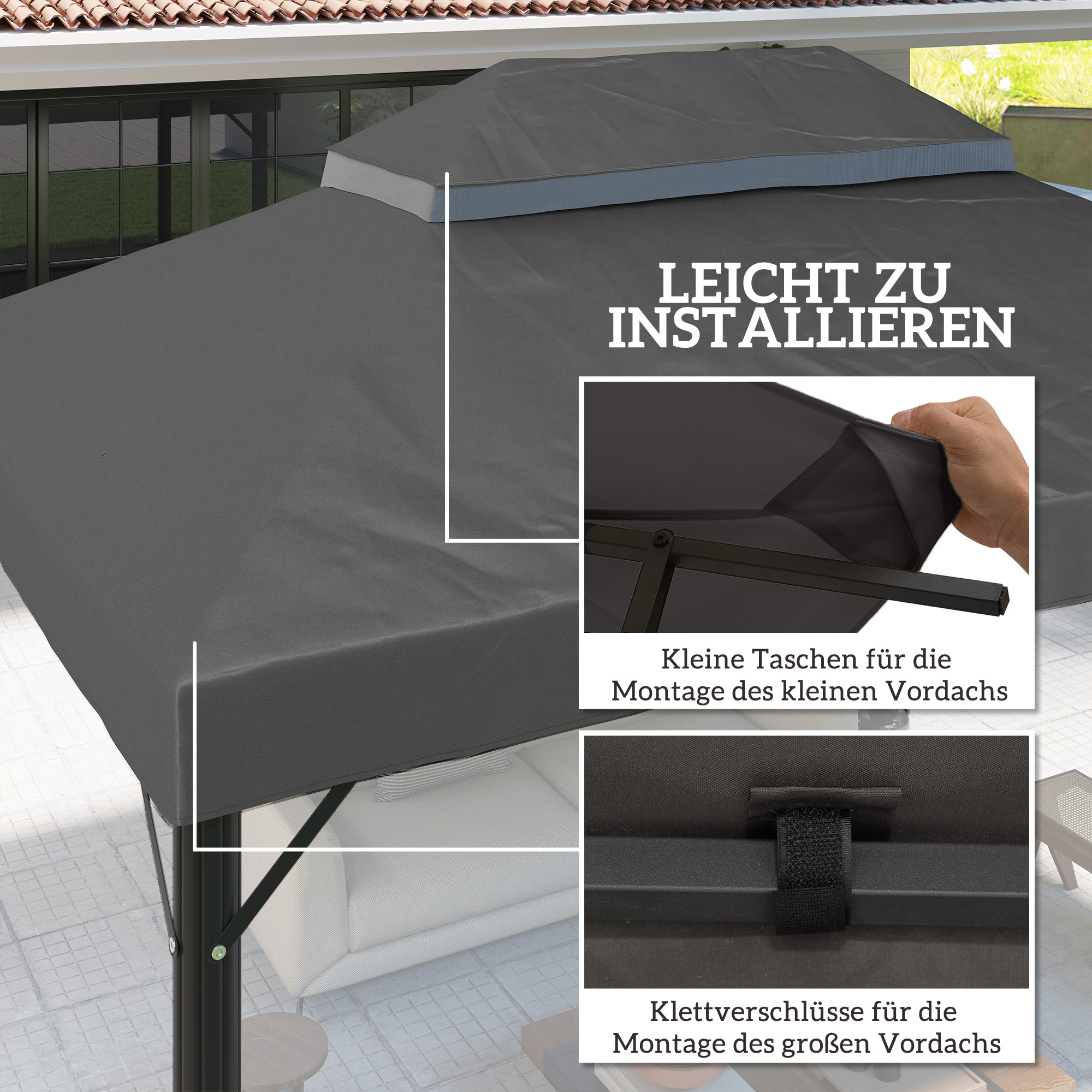 Pavillon-Ersatzdach, 3 x 4 m, Ersatzplane mit Wasserablauf-Öffnungen, Polyester, Sonnenschutz, UPF30+, Dunkelgrau