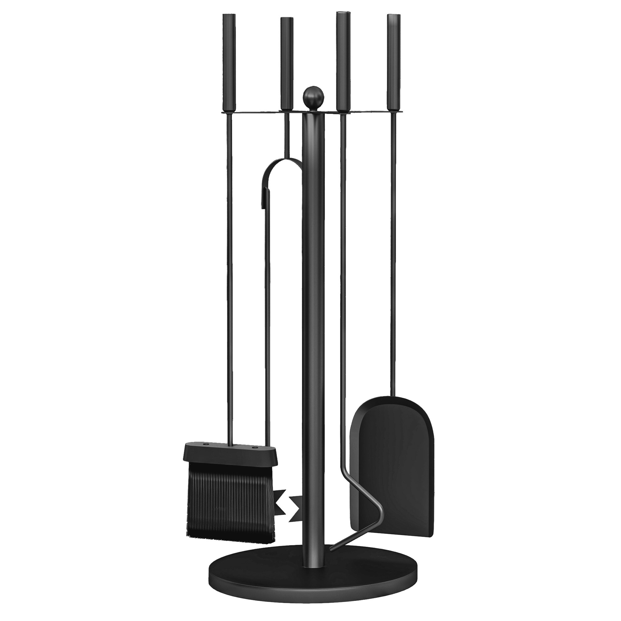 Kaminbesteck, 5-teilig, Besen, Schaufel, Zange, Schürhaken und Ständer, feuerfestes Metall, Schwarz