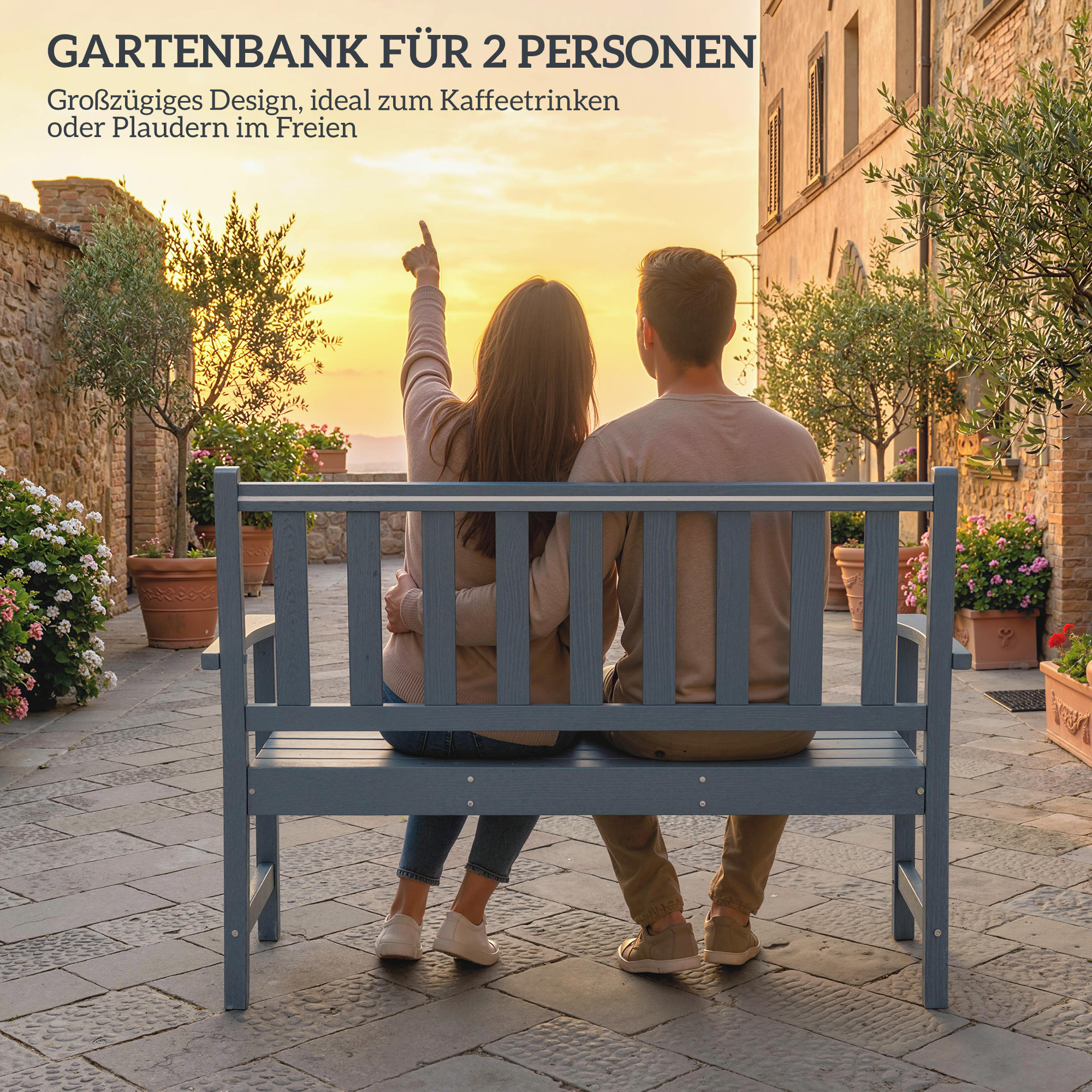 Gartenbank 2-Sitzer wetterfest Kunststoff Outdoor Sitzbank mit Lamelldesign Holzoptik Rückenlehne Grau