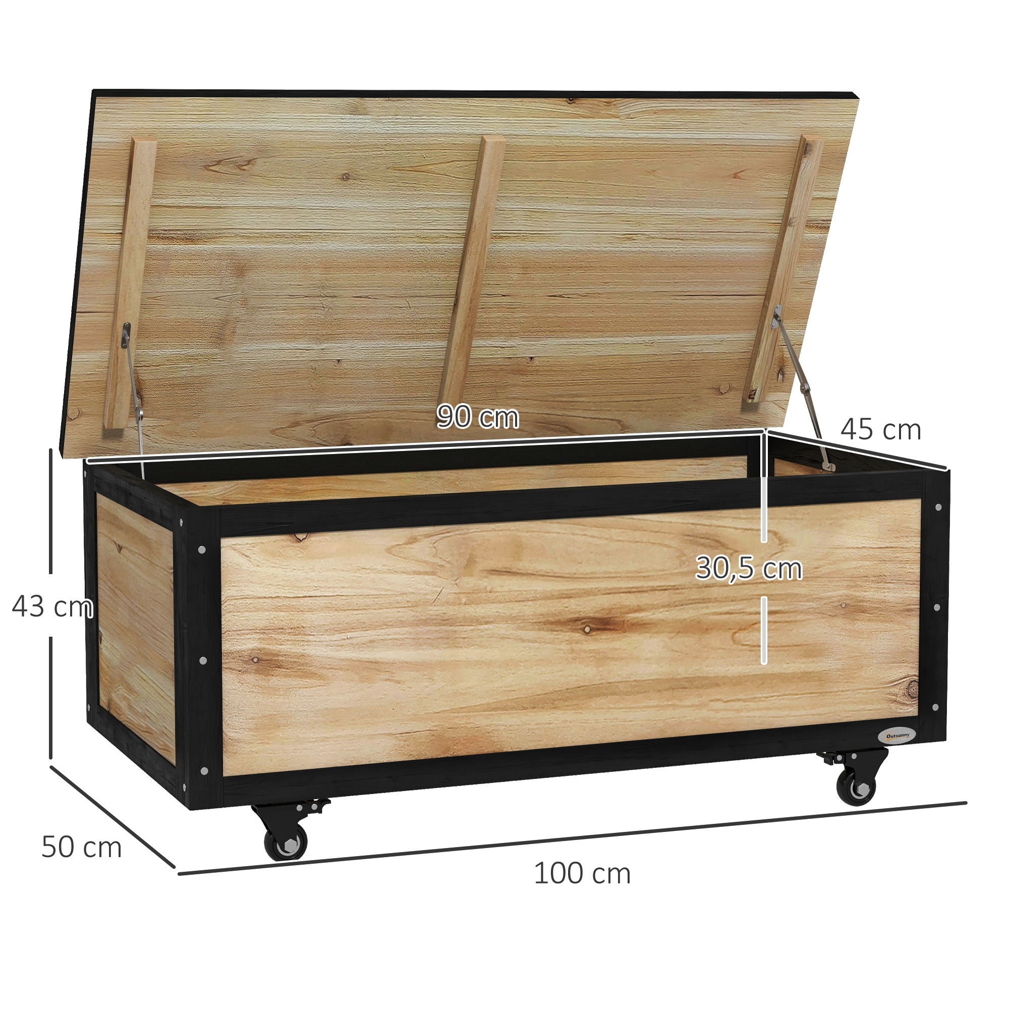 Garten-Aufbewahrungsbox, 121 Liter, 2 Räder, wetterfest, Metallscharniere, Naturholz, 100x50x43 cm