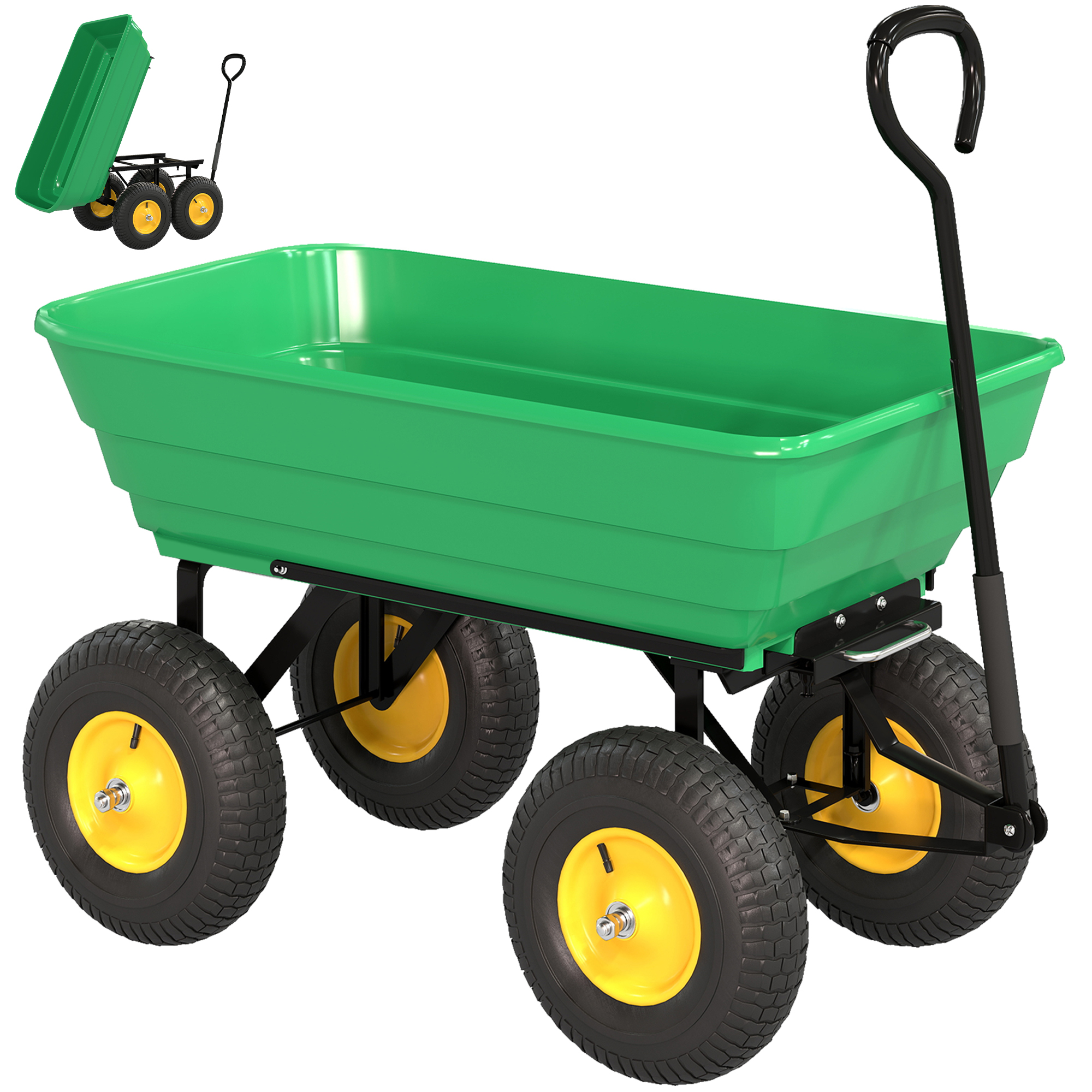 Gartenwagen mit Kippfunktion bis 200 kg Handwagen mit 75 Liter Kunststoffwanne Ziehgriff Luftbereifung Dunkelgrün