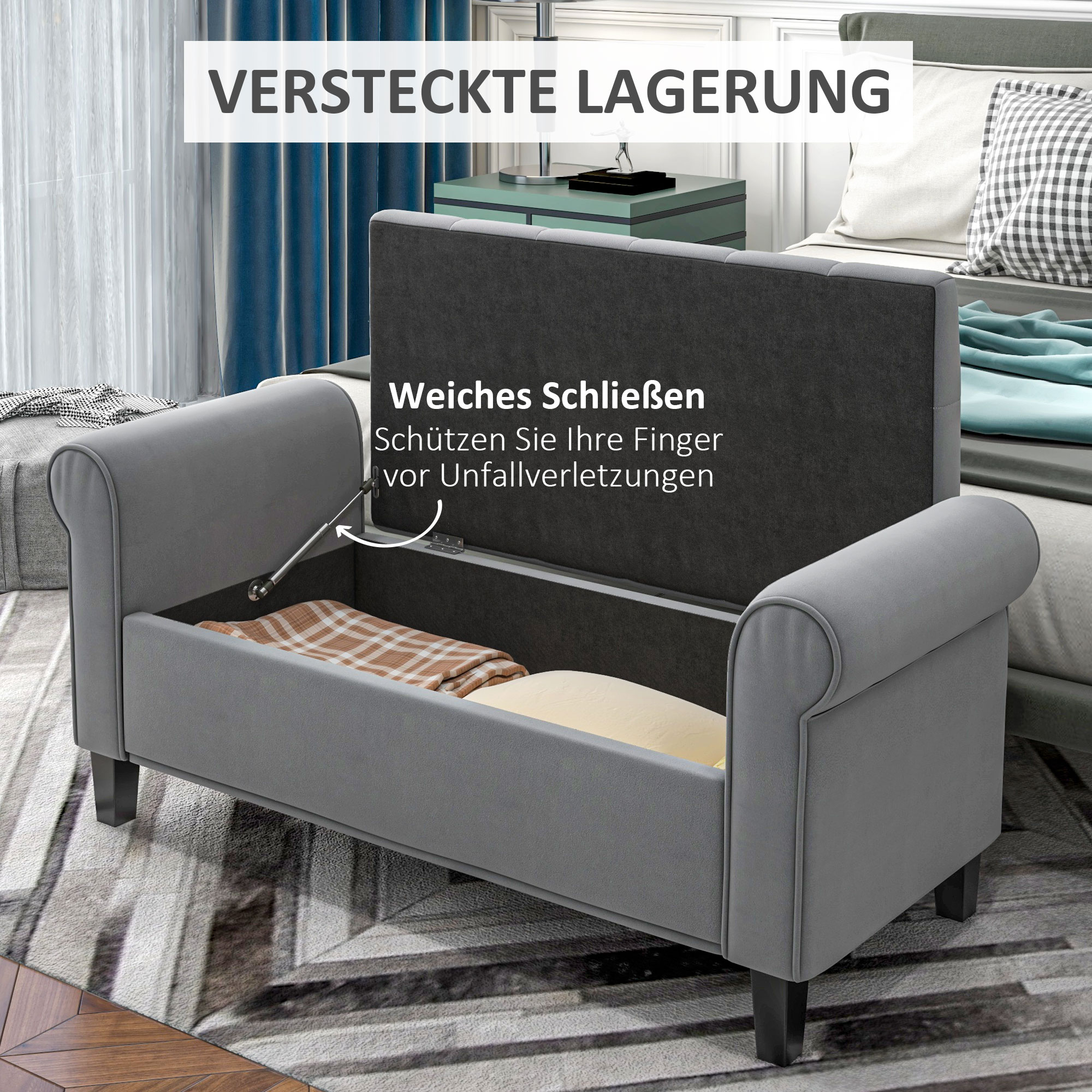 Sitzbank Polsterbank Bettbank, Knopfheftung, Samtoptik, 126 cm x 48,5 cm x 57 cm, Grau