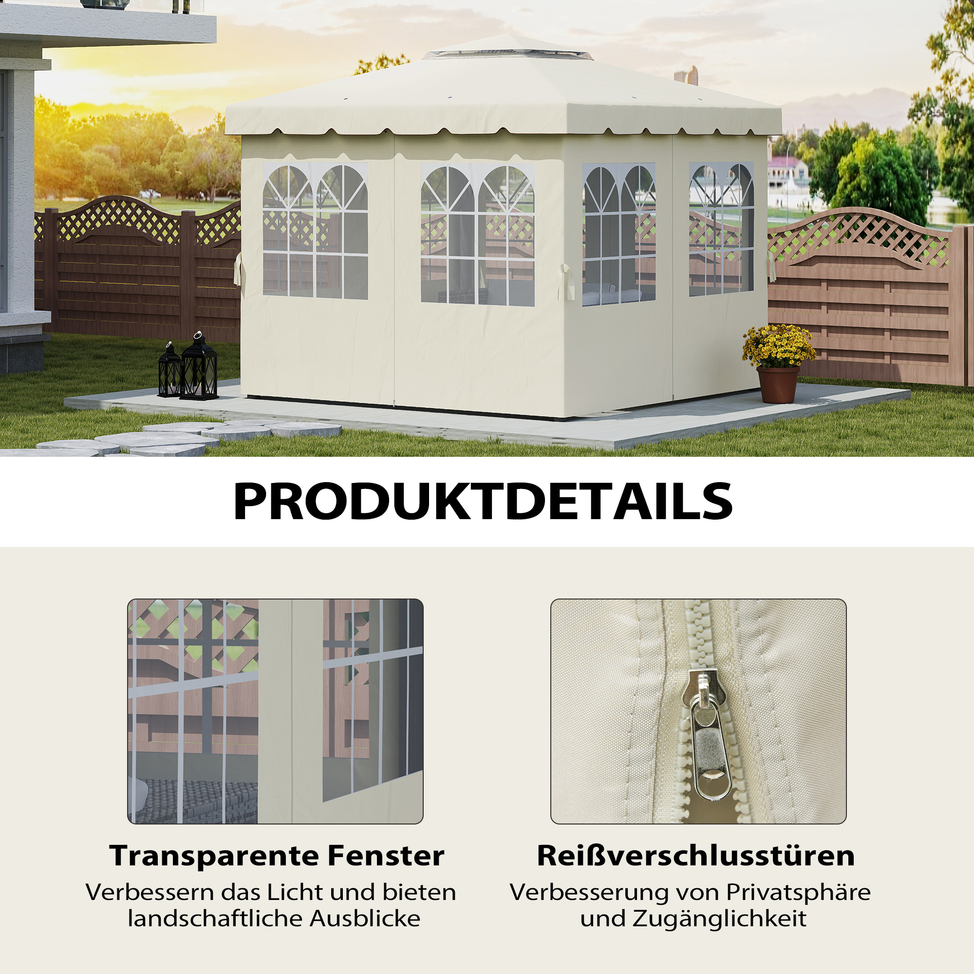 Pavillon-Seitenwände, 4 Seitenwand-Paneele für Gartenpavillon, mit Reißverschluss, 3 x 4 m Pavillon, Cremeweiß