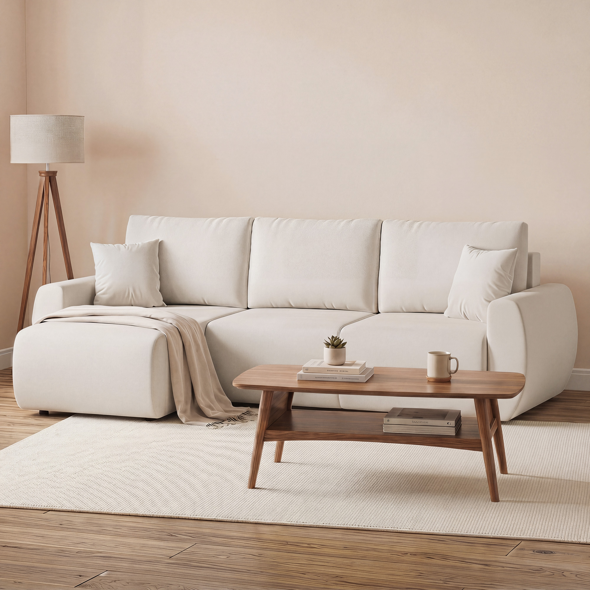 Schlafsofa mit Umkehrbarer Chaiselongue, L-förmiges 3-Sitzer Sofa aus Veloursbezug, Cremeweiß