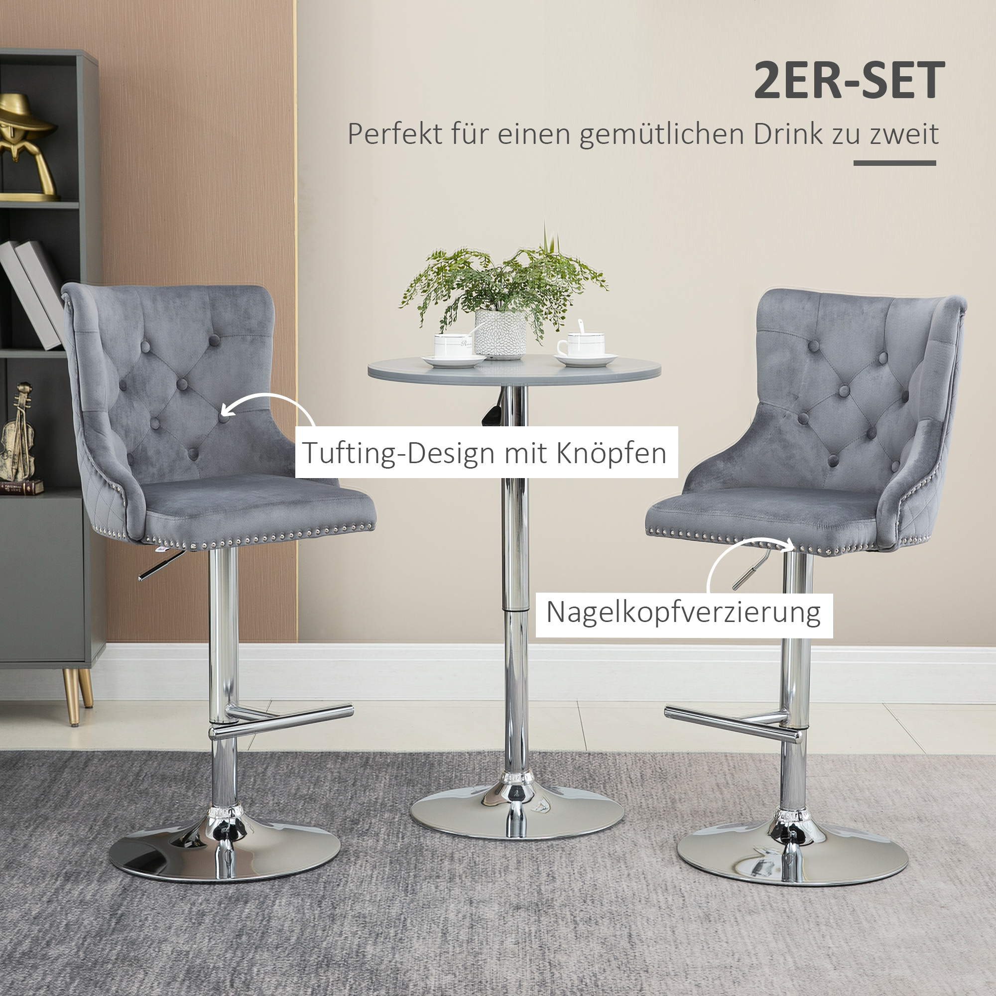 Barhocker, Sitzhocker, 2er-Set, höhenverstellbar, drehbarer Sitz, Fußstütze, Stahl, grau, 49 x 60 x 102-123cm