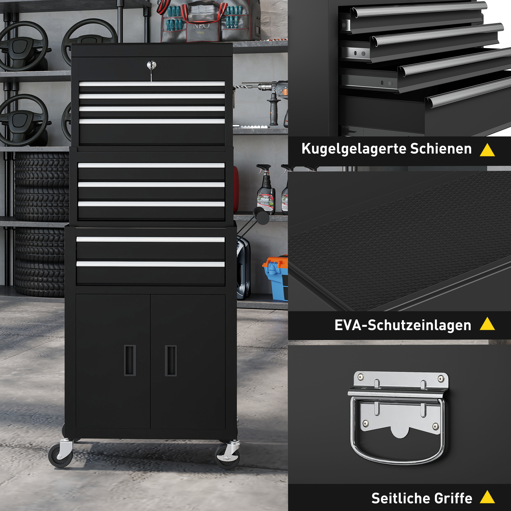 3-in-1 Werkzeugkiste, Werkzeugschrank mit 4 Rädern, verschließbarer Werkzeugkasten mit 9 Schubladen, Stahl, Schwarz