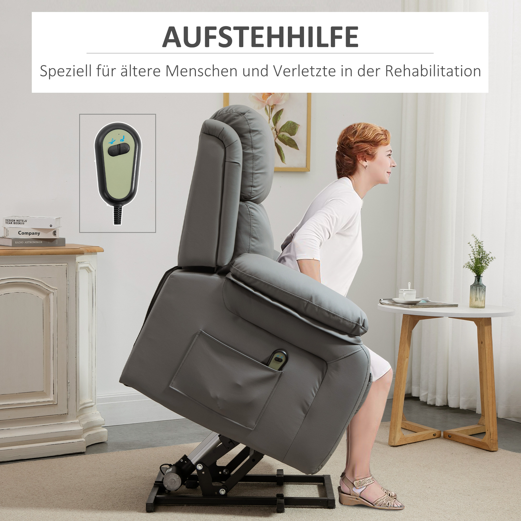 elektrischer Aufsteh-Sessel, Fernbedienung, Kunstleder-Bezug, Polstersessel mit Aufsteh-Funktion, Grau