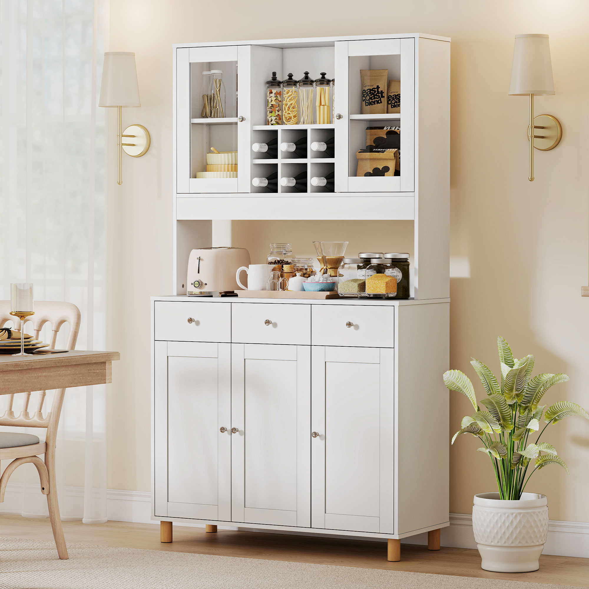 180 cm Küchenschrank, 2 Glastüren, 3 Schubladen, 4 verstellbare Regale, Esszimmerschrank, Spanplatte, Weiß