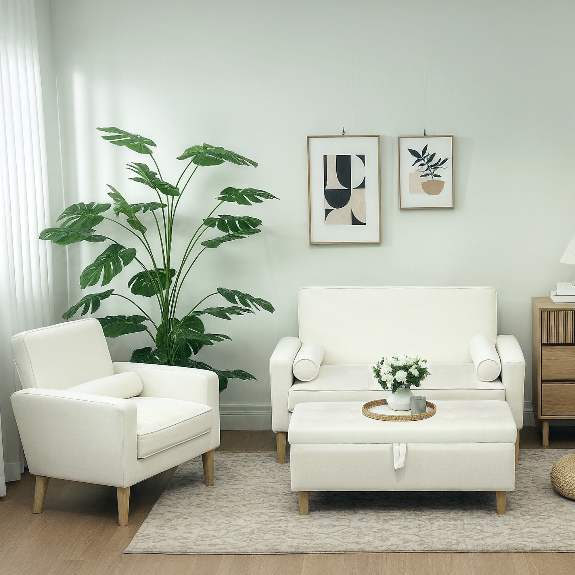 Polsterhocker mit Stauraum, Holzbeine, weicher Stoffbezug, Cremeweiß