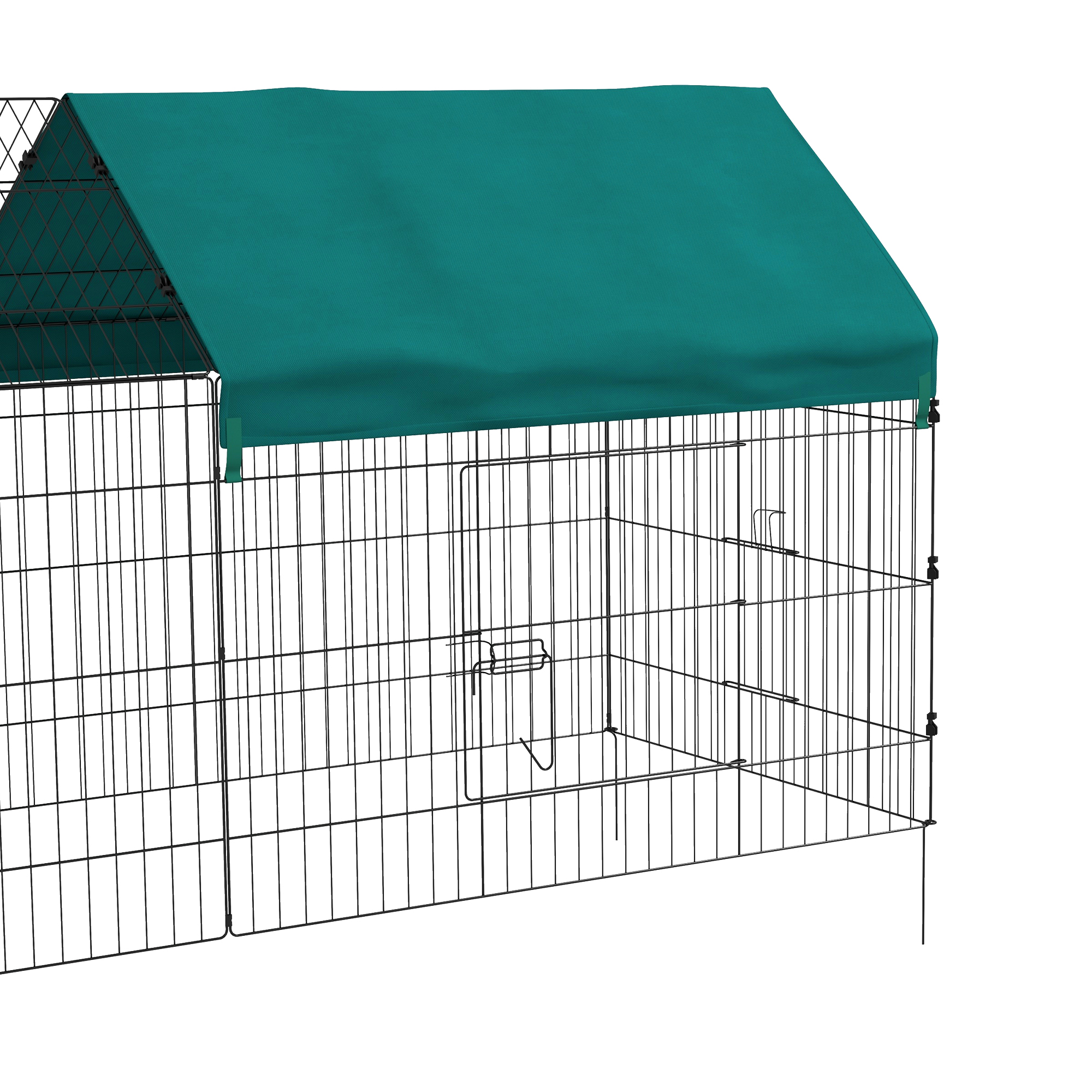 Kleintiergehege mit Dach, 4 Türen, wetterfest, Stahl/Polyester, 220x85x103cm, Grün/Schwarz