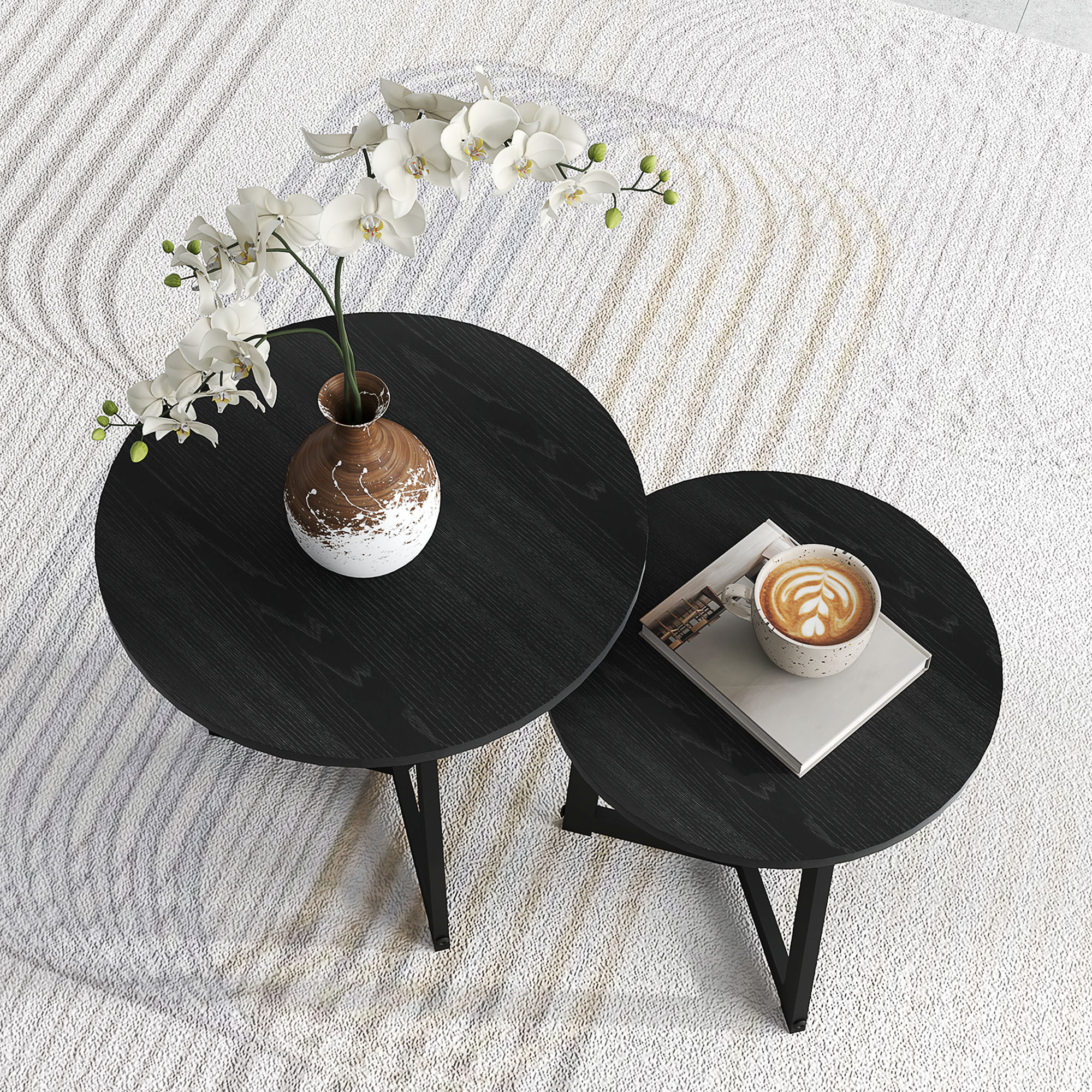 Moderner Couchtisch als 2er-Set, Metallrahmen, MDF, Rundes Design, ineinander verschiebbar, Schwarz