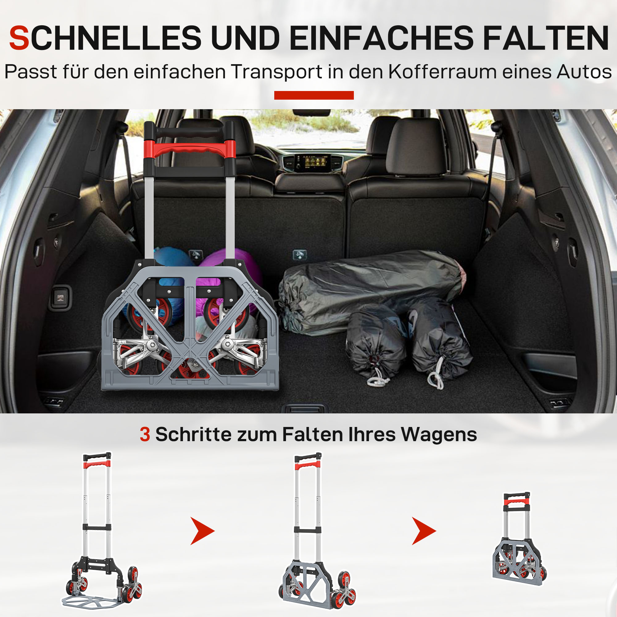 Faltbarer Treppensteiger-Trolley, 6-Rad-System, trägt 70 kg, Aluminium, Rot