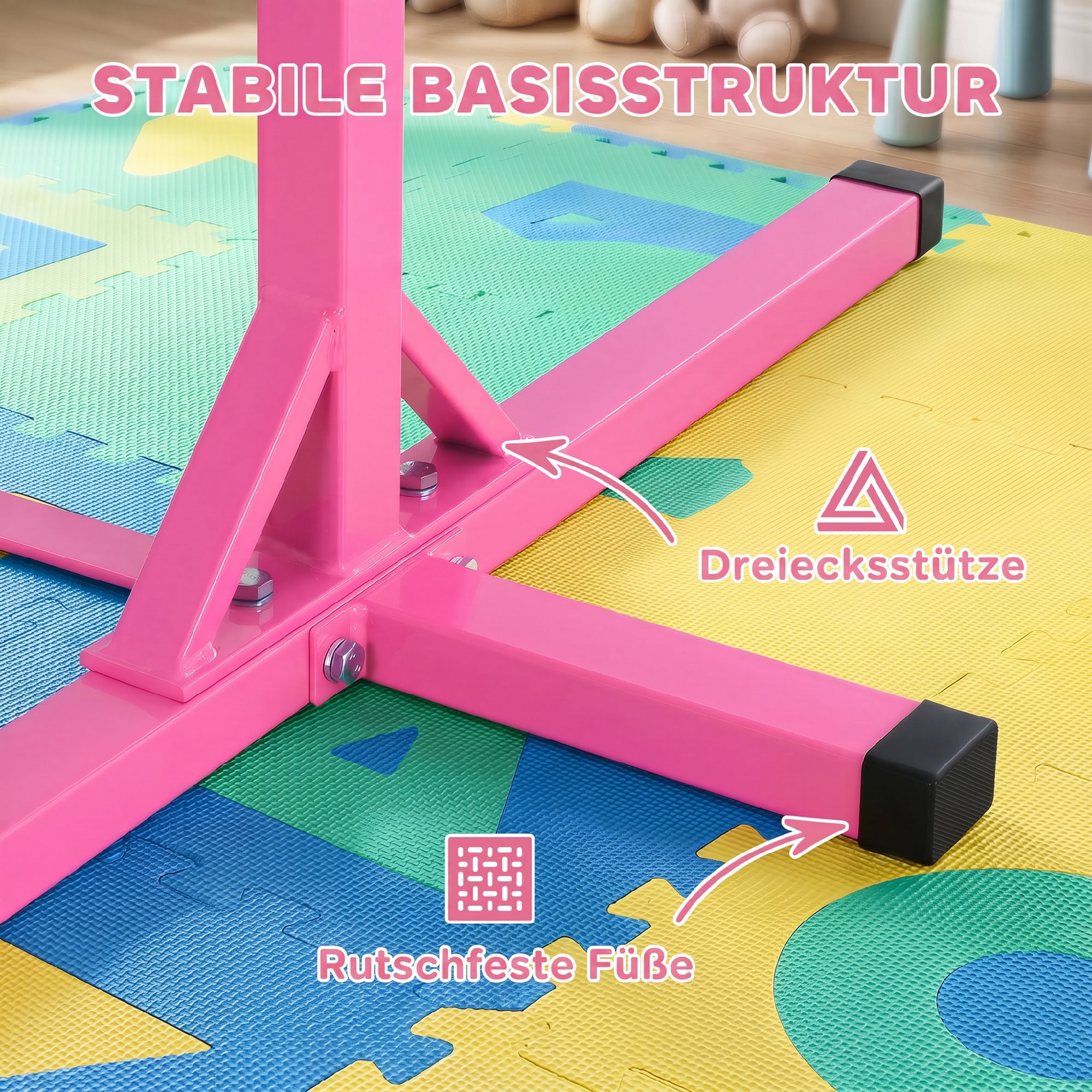 Gymnastikstange für Kinder, höhenverstellbar Turnreck Reckstange, Reck Turnstange für Indoor & Outdoor aus Holz & stabile Stahlkonstruktion bis 75 kg belastbar, für 3+ Kinder, Rosa