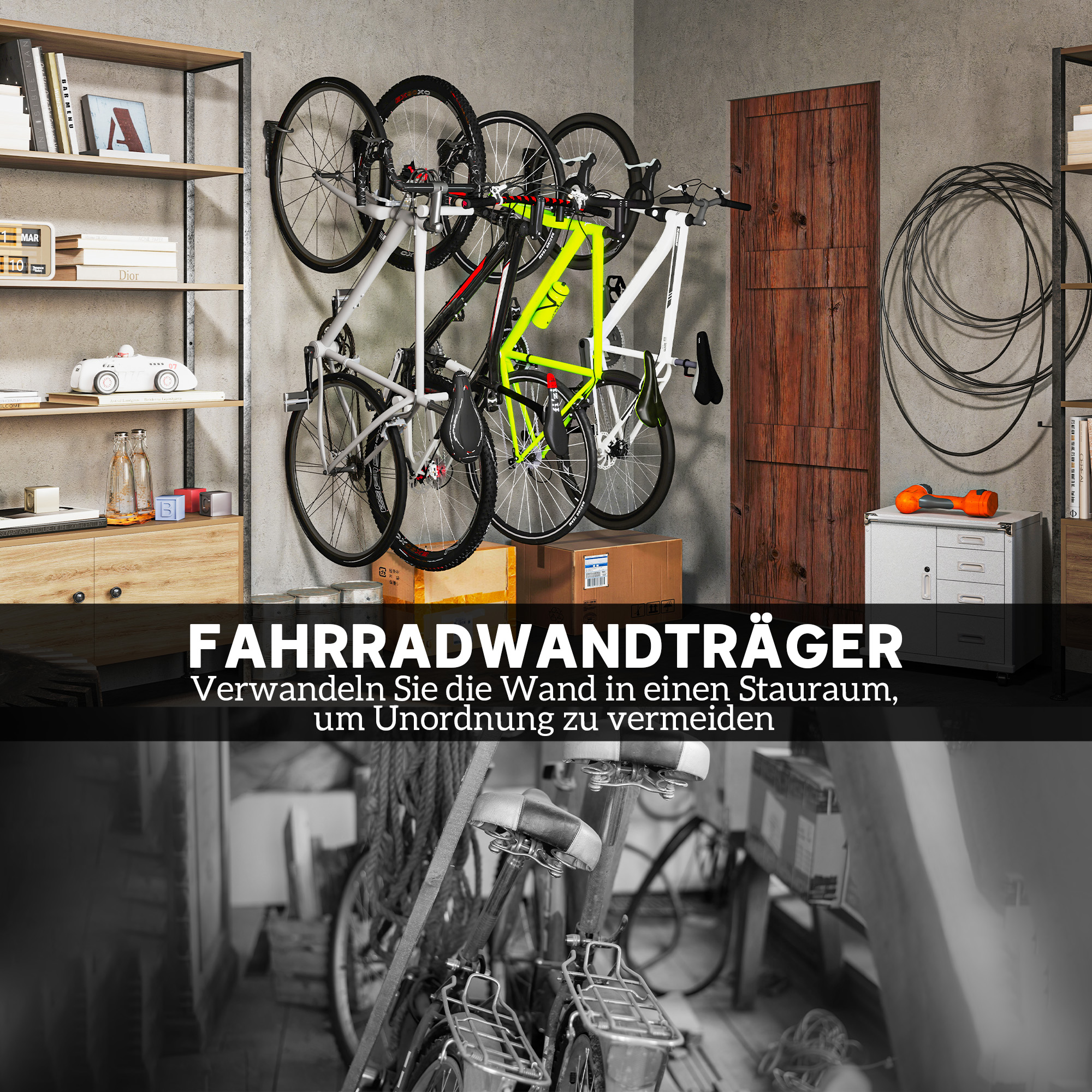 4er Set Fahrrad Wandhalterung Vertikal mit 30 kg Tragkraft klappbar für 4 Fahrräder Schwarz