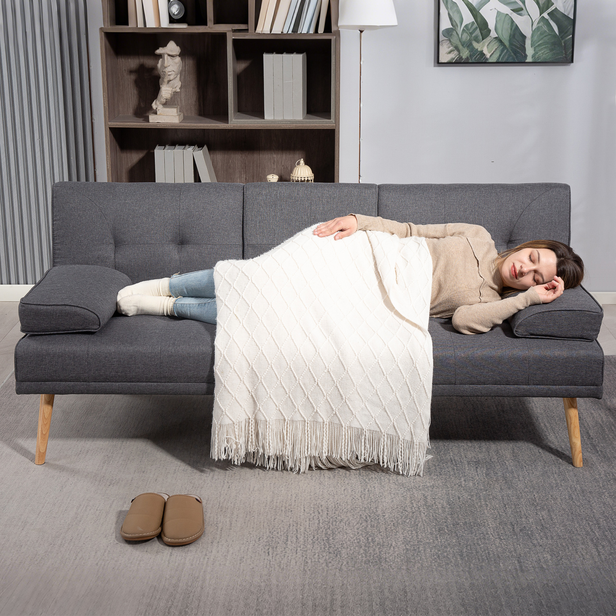 Schlafsofa im Skandi-Design, 3-Sitzer-Sofa, 2 Kissen, Grau + Natur