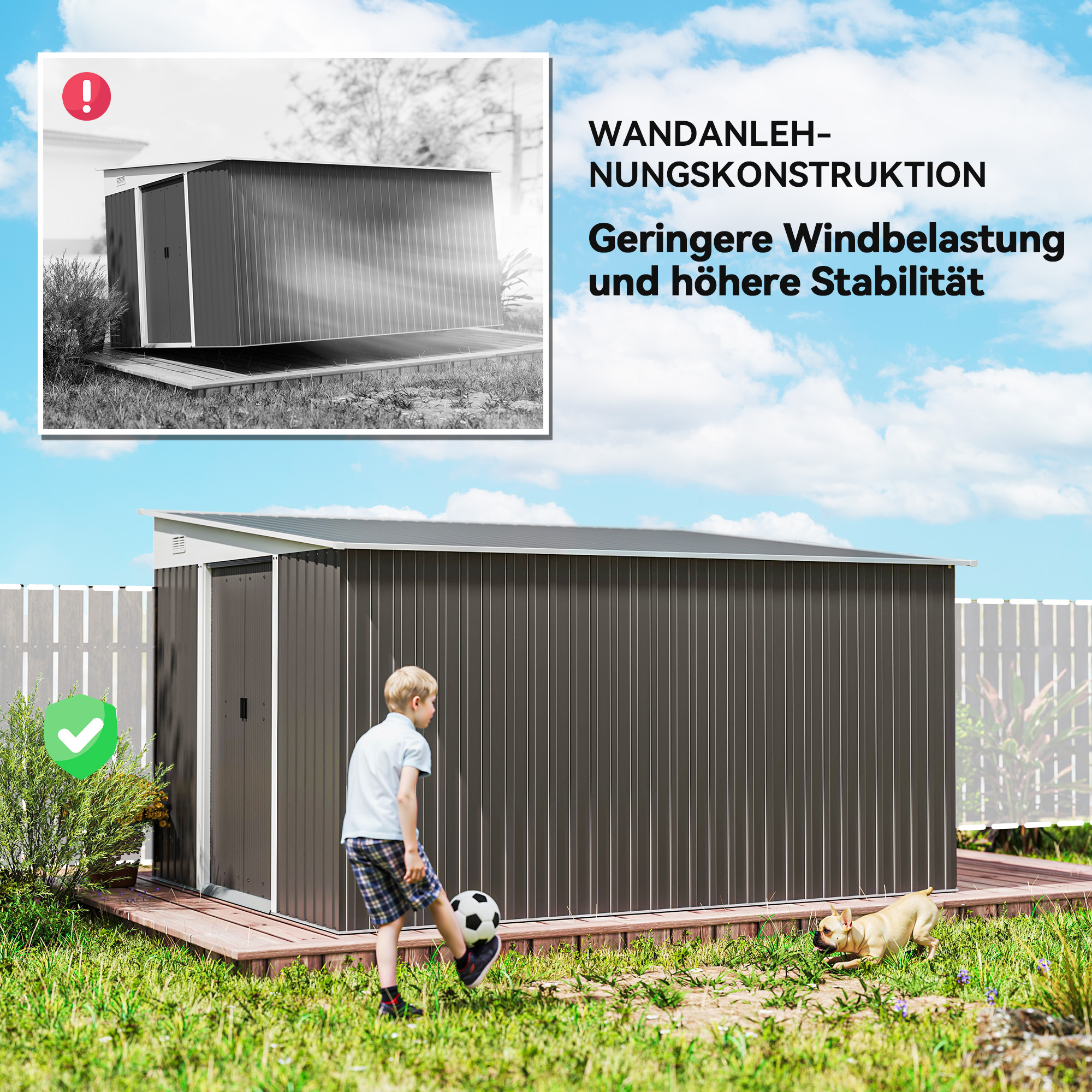 Metall-Geräteschuppen Schrägdach verriegelbare Doppeltür 2,8 x 3,45 x 2,01m Grau