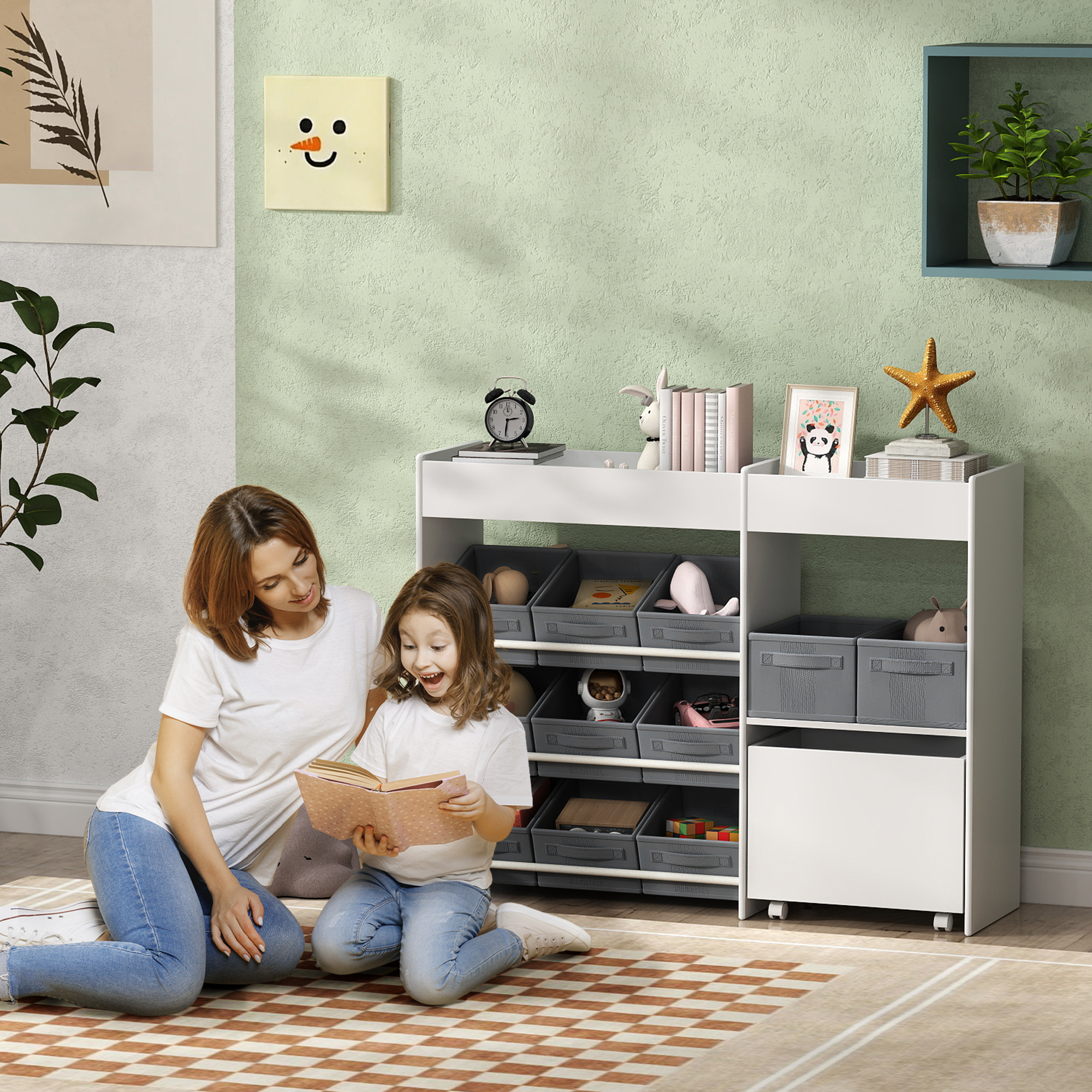 Kinder-Aufbewahrungsregal, Spielzeugschrank für Kinder mit 11 Stoffboxen, oberen Fächern, 3 Stickern, Weiß
