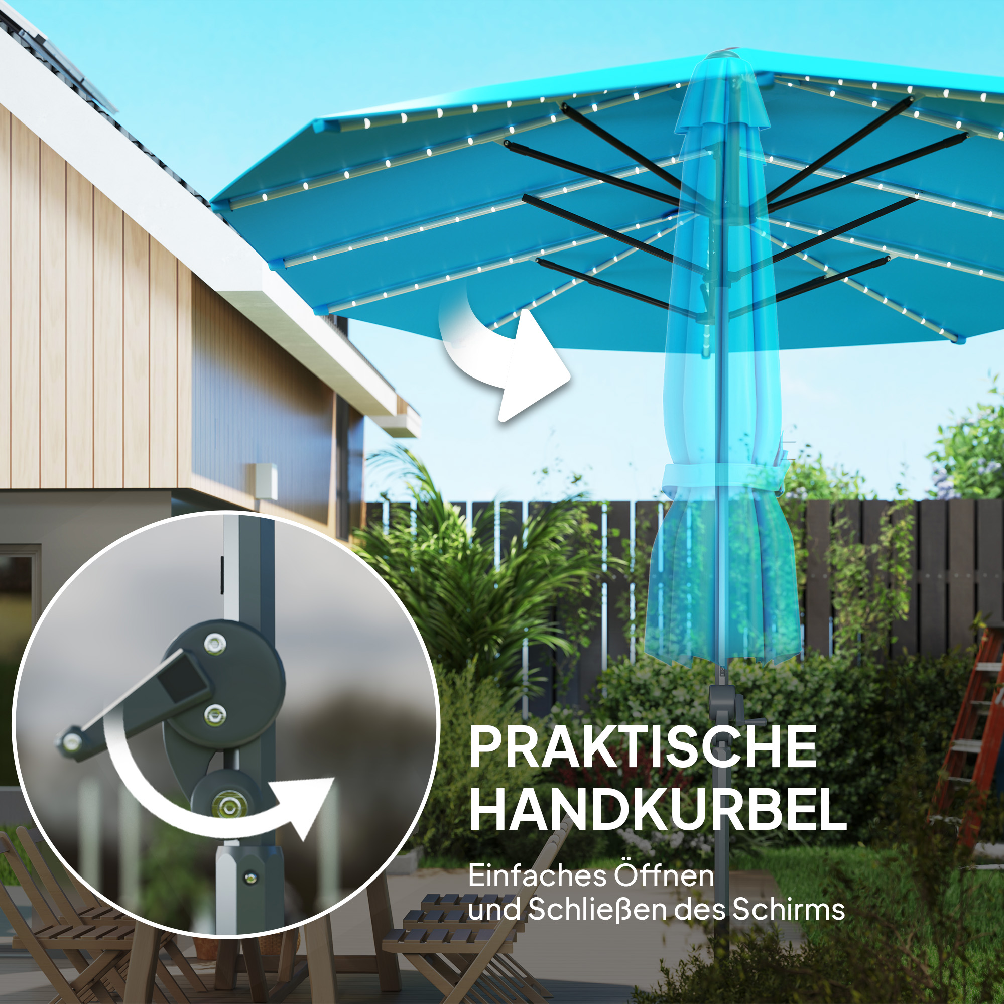 Doppelschirm mit Solar-Lichtern, Aluminium, Polyester, UPF50+ Schutz, UV-beständig, Terrassenschirm, Blau