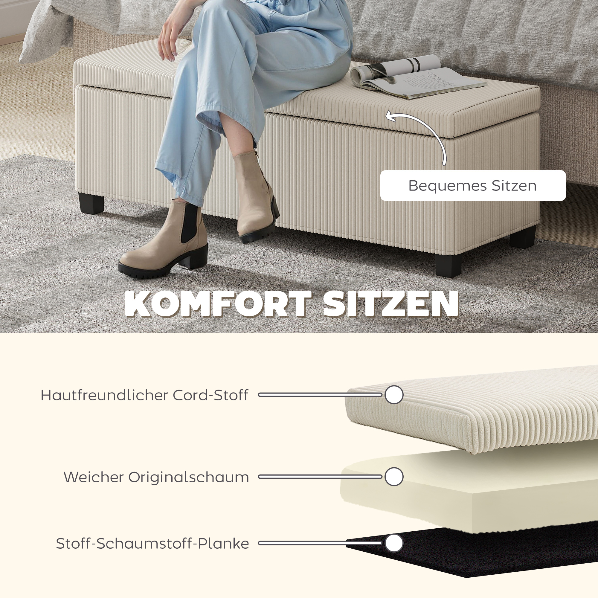 Sitzbank mit Stauraum, Aufbewahrungsbank, Cord-Design, Stahlrahmen, Beige