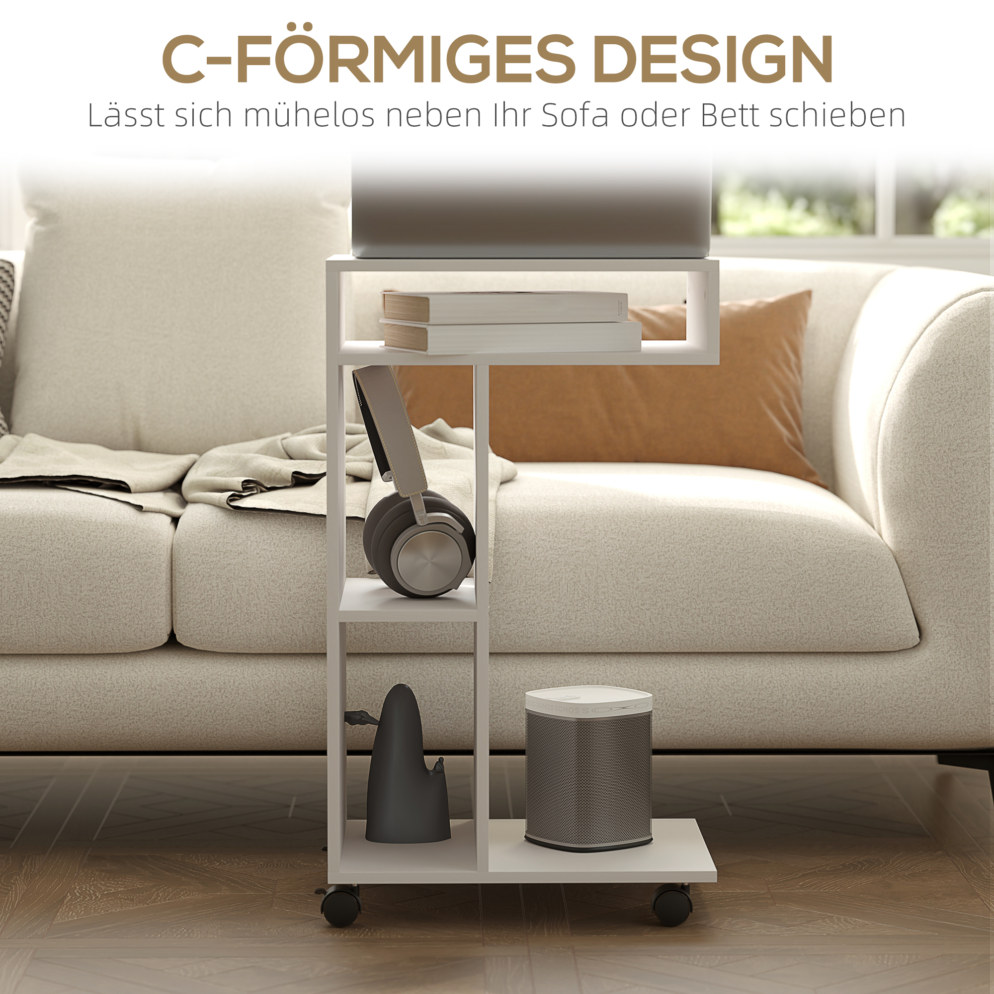 Beistelltisch, C-förmiger Servierwagen, 4 Rollen, 3 Fächer, 40 x 30 x 69 cm, Weiß