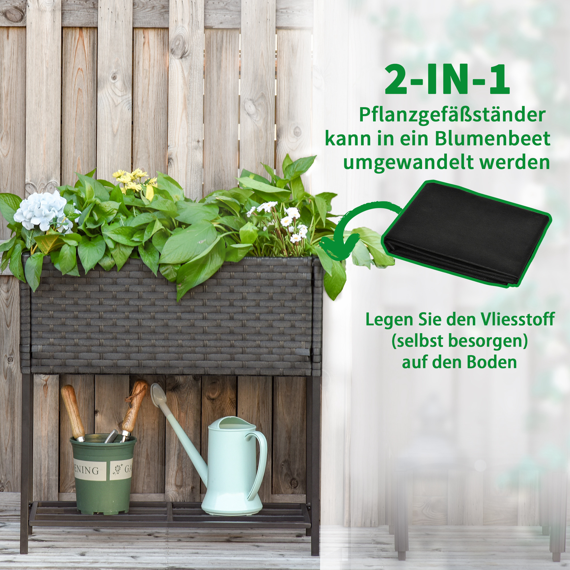 Hochbeet, Blumenkasten, tiefe Ablage, Metallrahmen/Polyrattan, 70 x 30 x 70 cm, Dunkelbraun