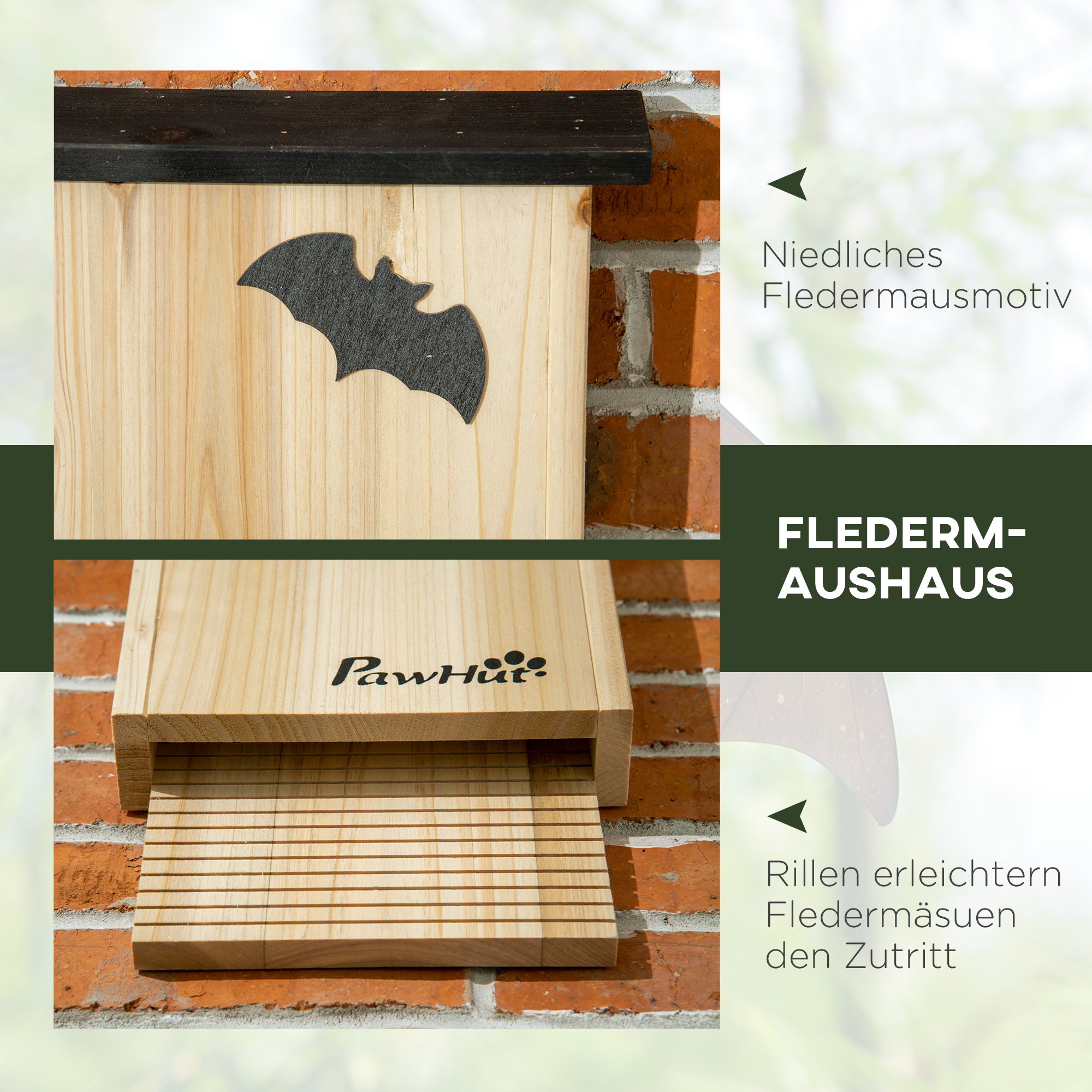 3er-Set Fledermaushaus, wetterbeständig, bis zu 3 Fledermäuse pro Haus, behandeltes Tannenholz, Natur + Schwarz
