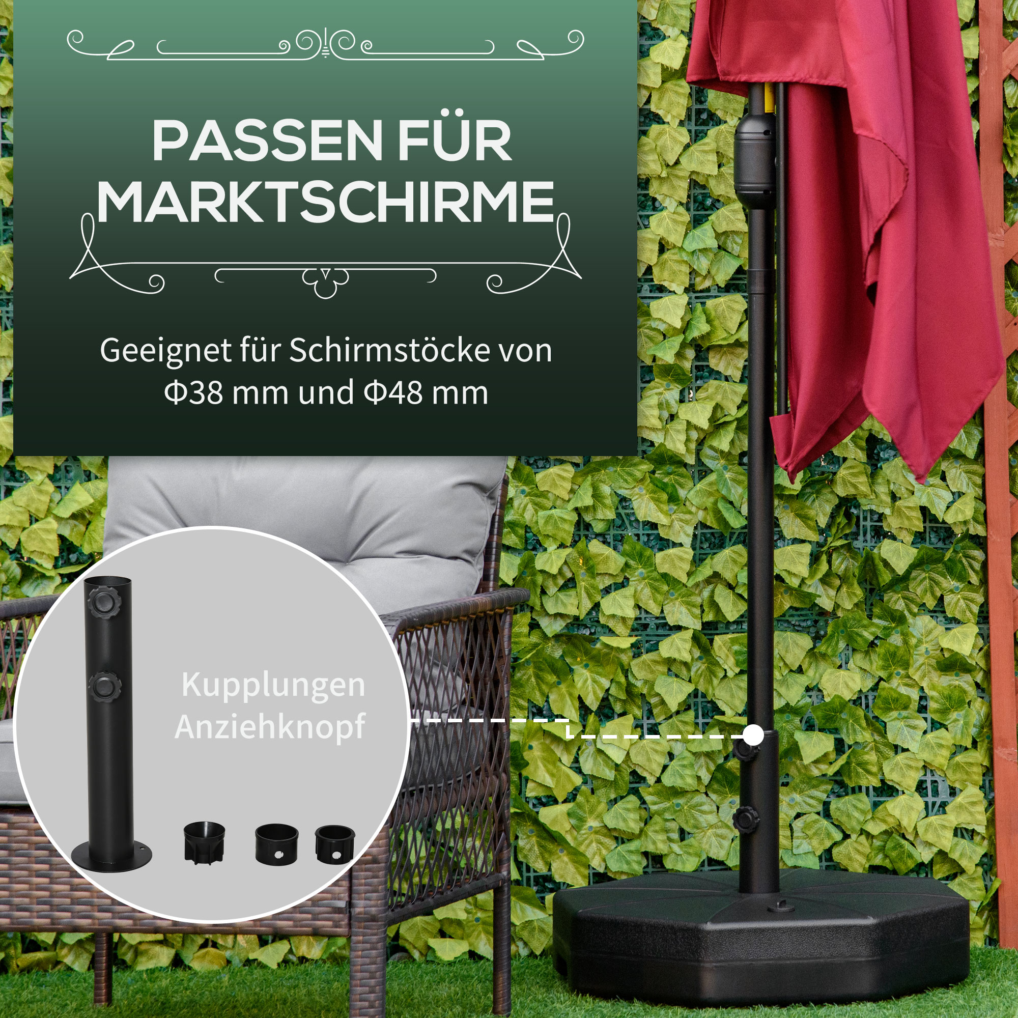 Sonnenschirmständer bis 40kg befüllbar Schirmständer achteckig Schirmhalter, Schirmgewicht, Ständer für Sonnenschirm 38/48mm Rohrdurchmesser, für Balkon, Terasse, Garten, Schwarz