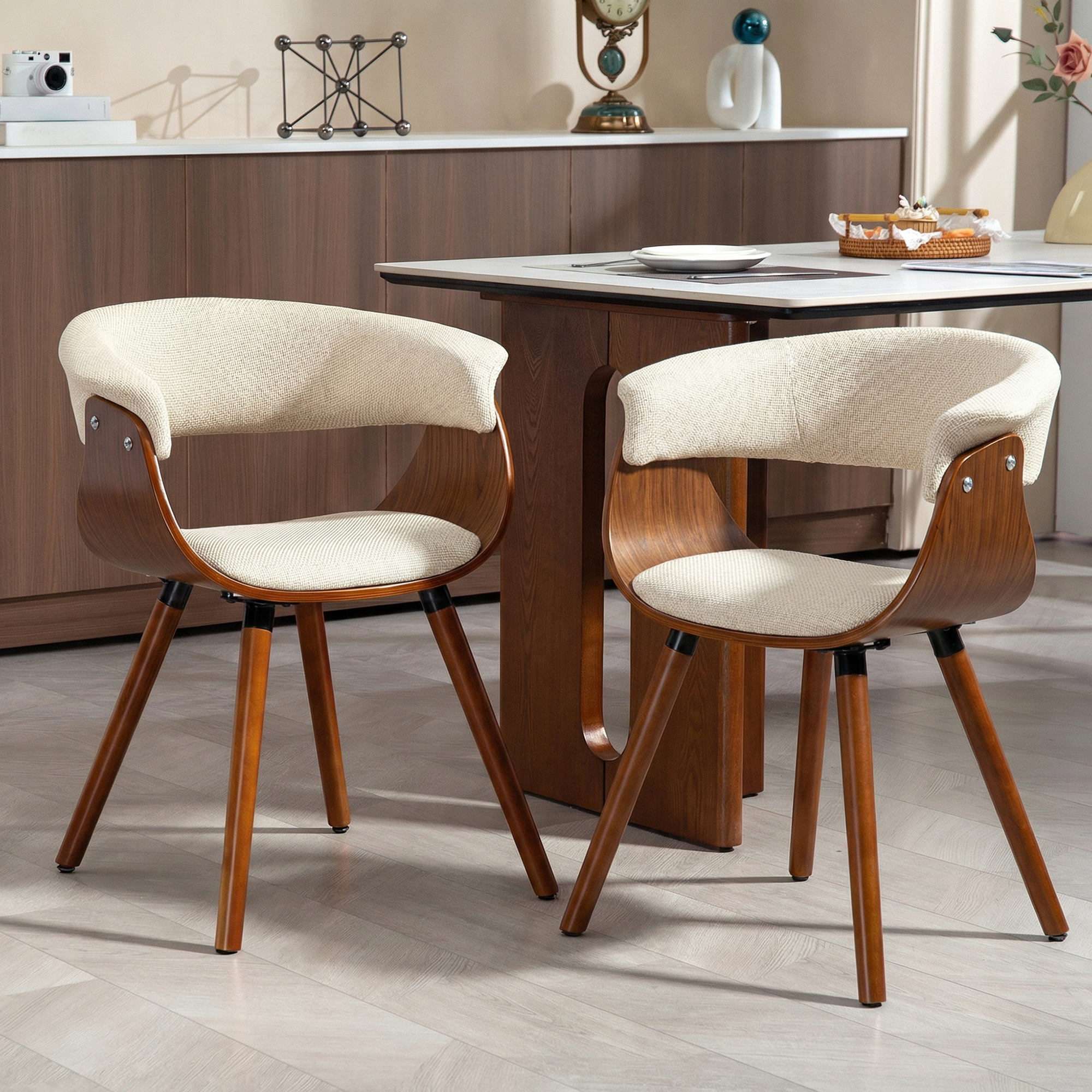Esszimmerstuhl, Stoff in Leinenoptik, gebogene Rückenlehne, Holzbeine, Beige