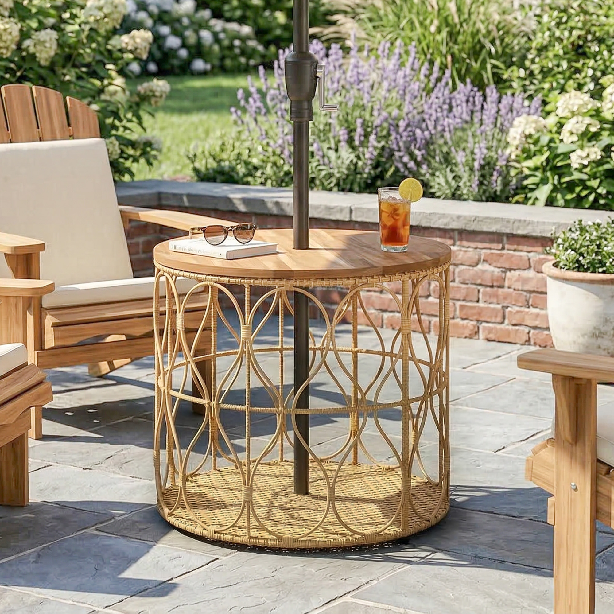 Beistelltisch Ø50 cm wetterfest Gartentisch mit Rattanoptik Akazienholzplatte verstellbaren Füßen Teak