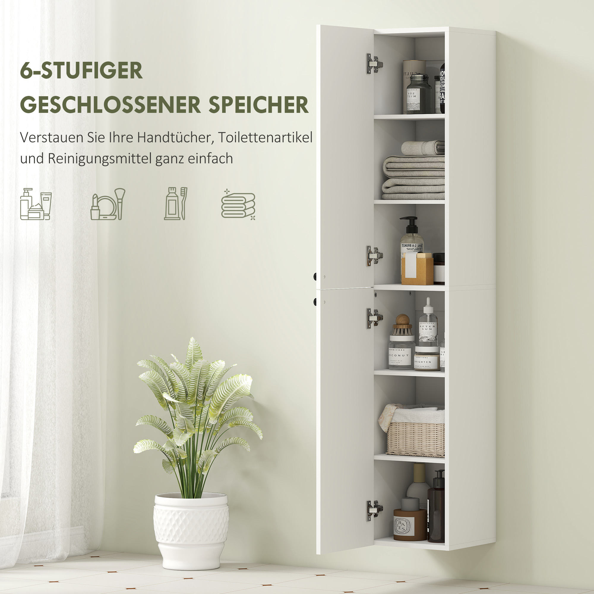 Wandmontierter Badezimmerschrank, lackierte Oberfläche, 6 Regale, MDF, Weiß