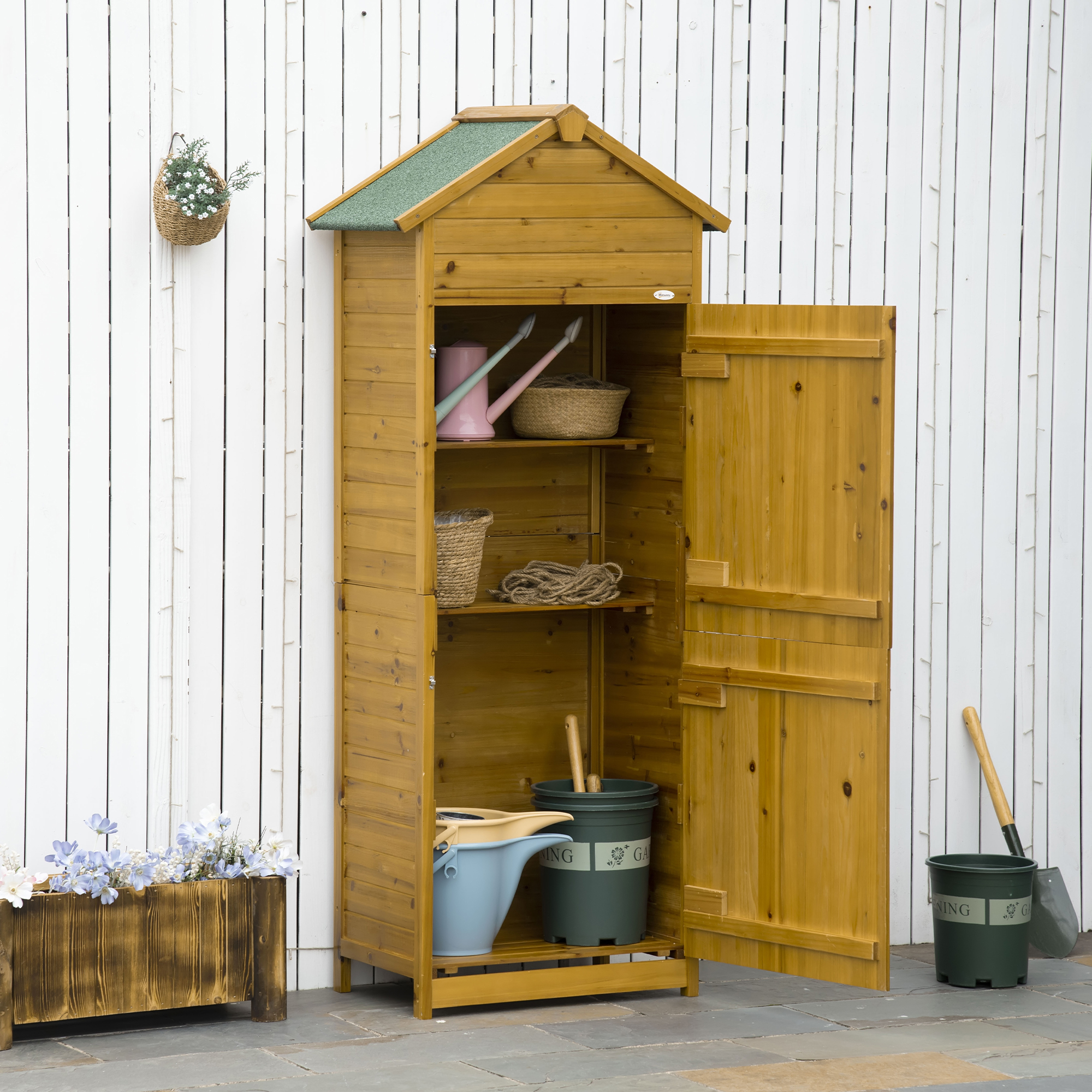 Geräteschrank, Gartenschuppen, 2 Regale, 2 Türen, wetterfest, Naturholz, 79 x 49 x 190cm