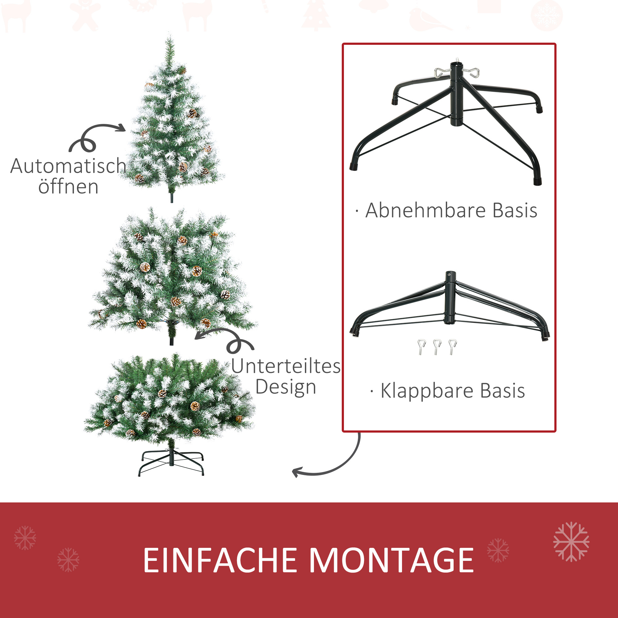 Weihnachtsbaum, 800 Zweige, 61 Zapfen, verschneite Spitzen, feuerfest, 180 cm