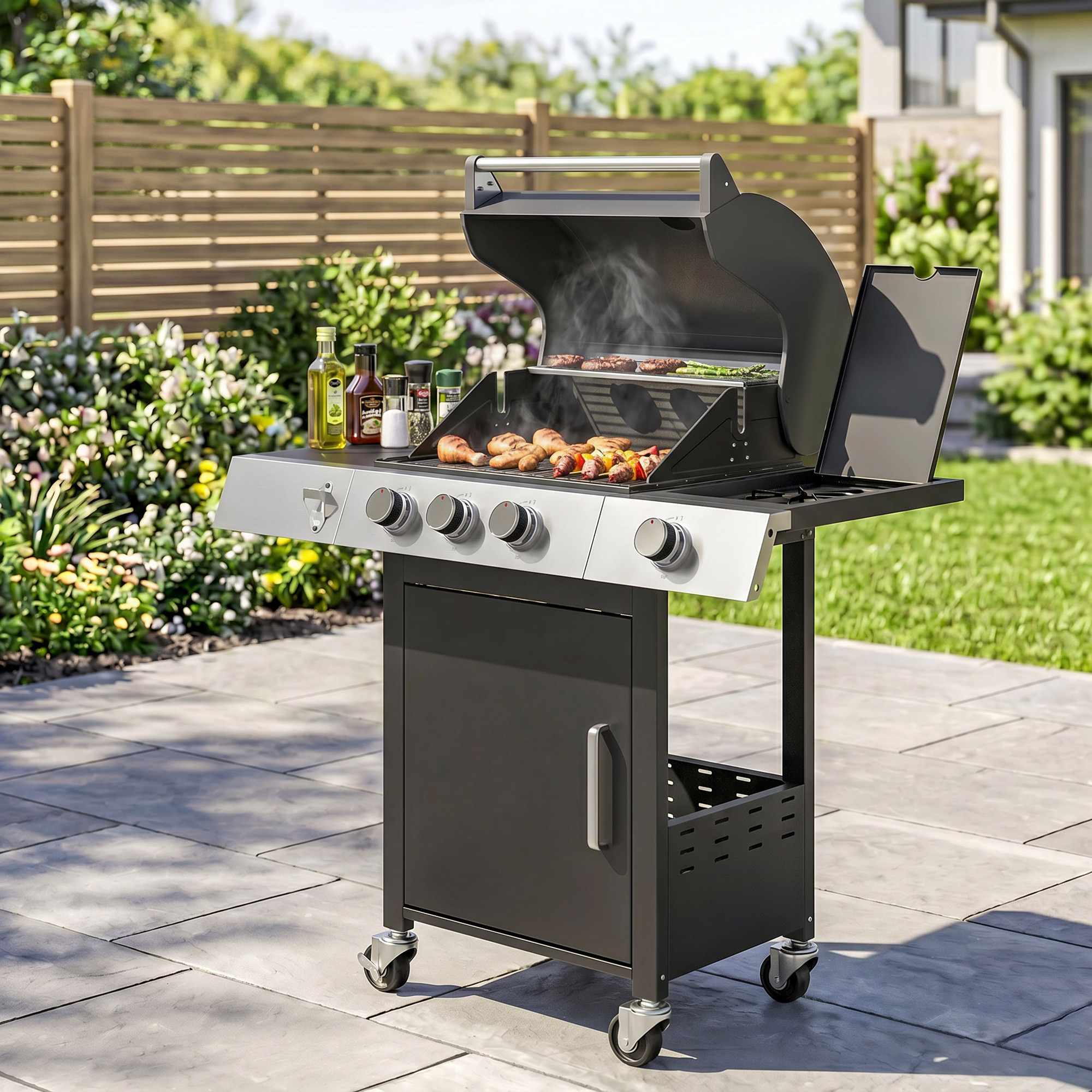 Gasgrill 10,5 KW 3+1 Brenner BBQ Grillwagen Edelstahl inkl Seitenbrenner Flaschenöffner Thermometer Gusseisen-Grillrost