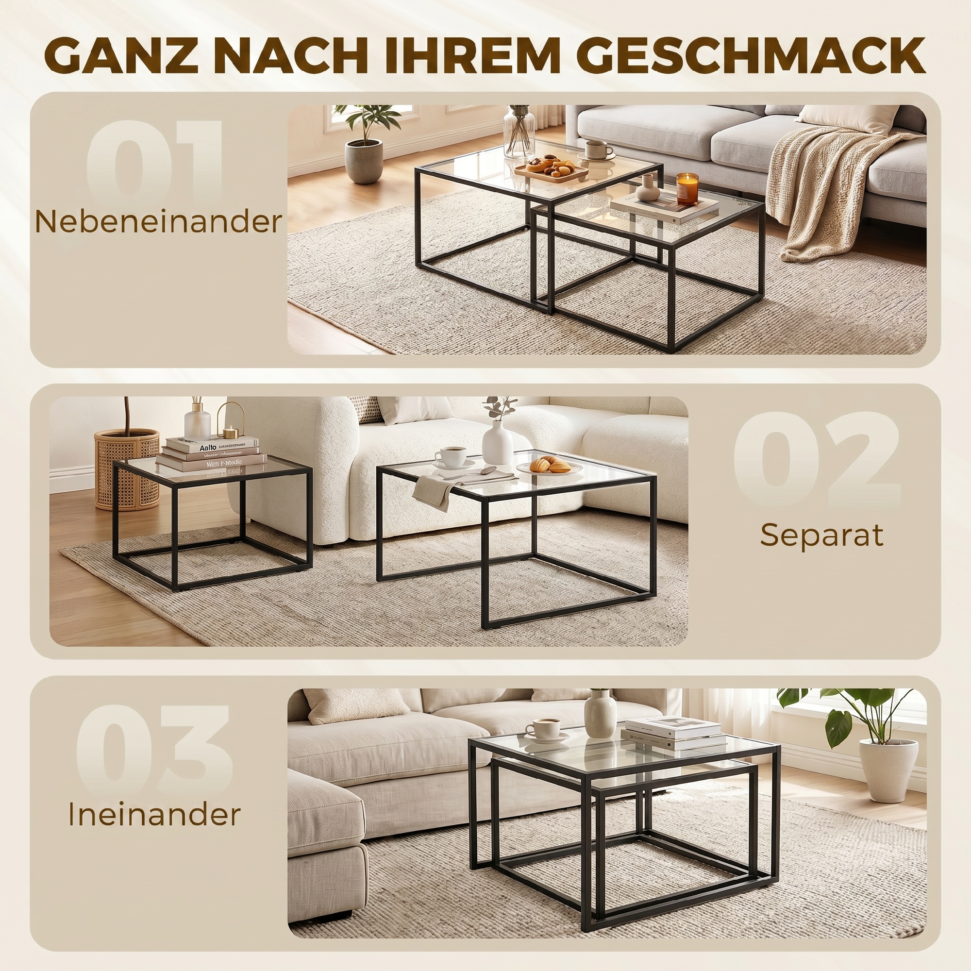 Couchtische 2er-Set Satztisch mit gehärteter Glasplatte und Metallrahmen, für Wohnzimmer Schwarz