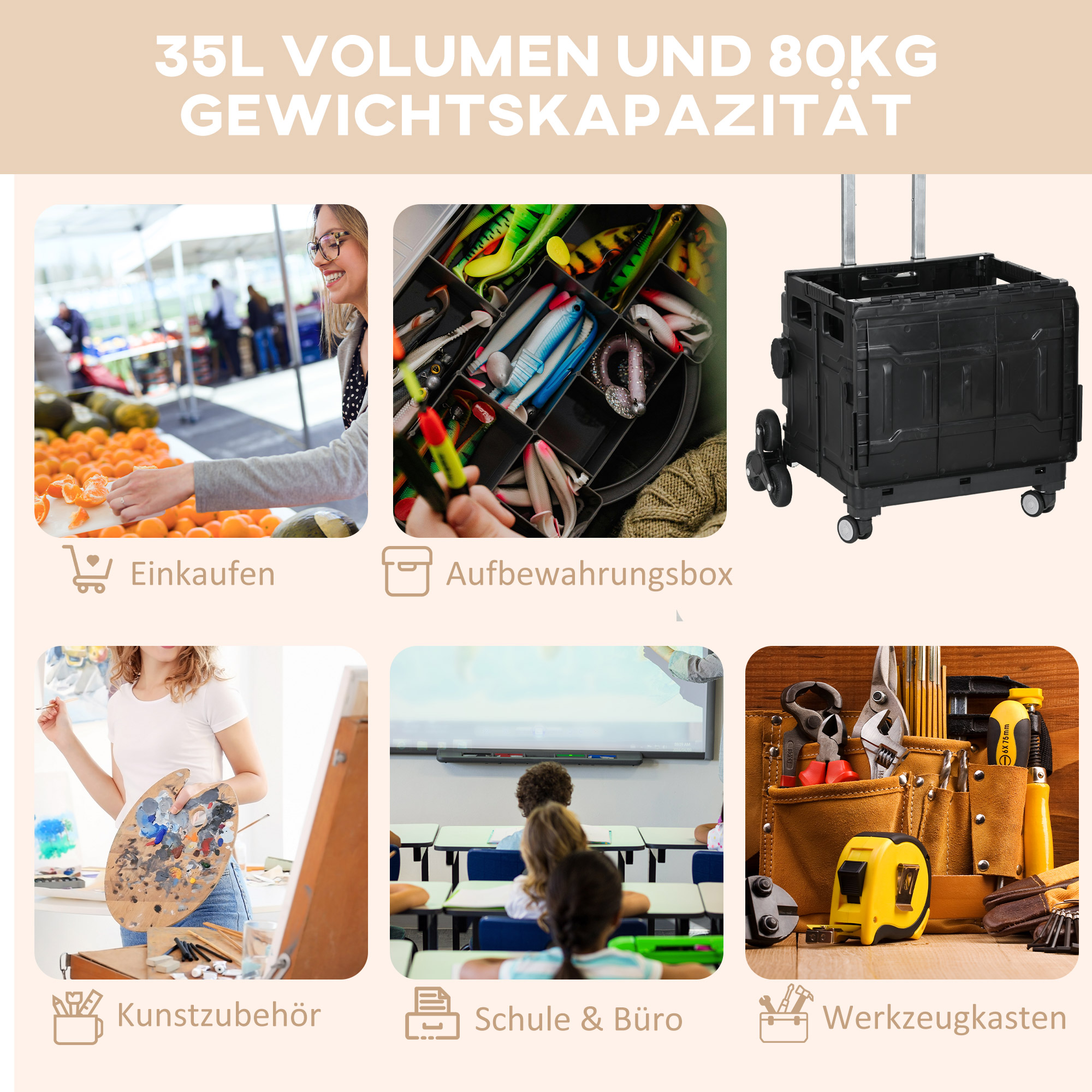Einkaufswagen Einkaufstrolley, Treppensteiger,  klappbar, Teleskopgriff, bis max, 65 Kilo belastbar, Schwarz