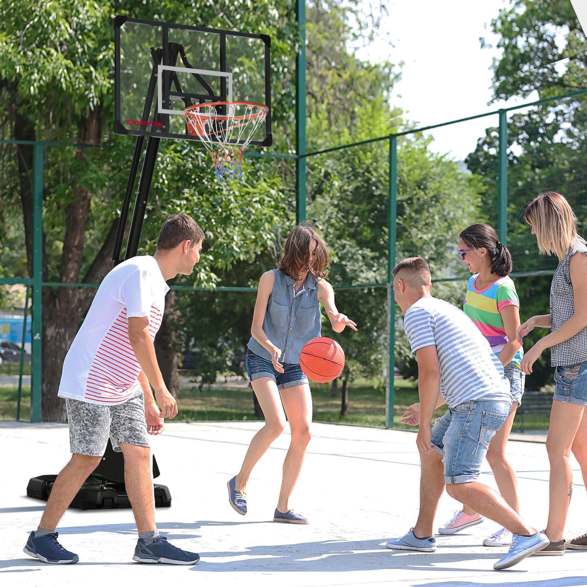 Basketballständer, verstellbare Korbhöhe 2,3-2,9 m, untere Pralllatte, befüllbare Basis, rot+schwarz
