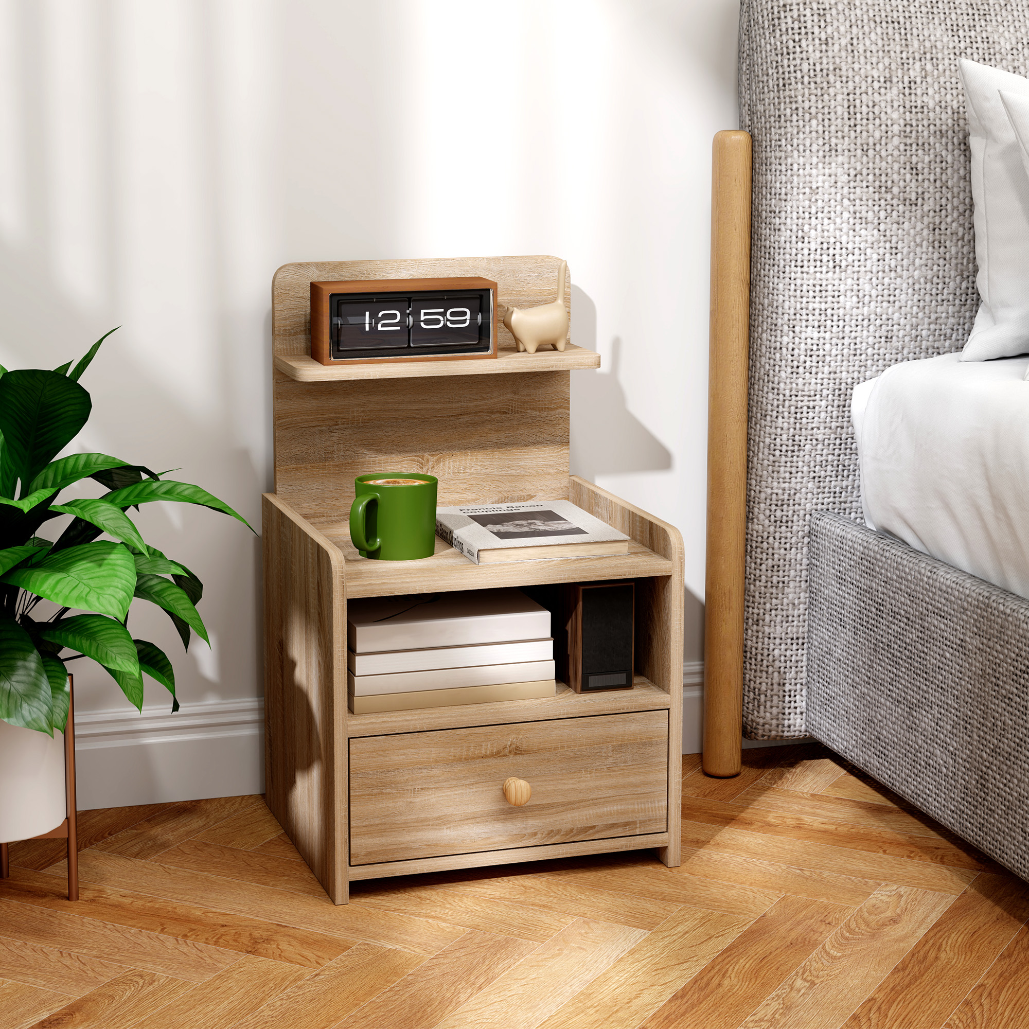 Beistelltisch, Nachttisch mit Stauraum, Spanplatte, kippsicher, modern, Naturholz
