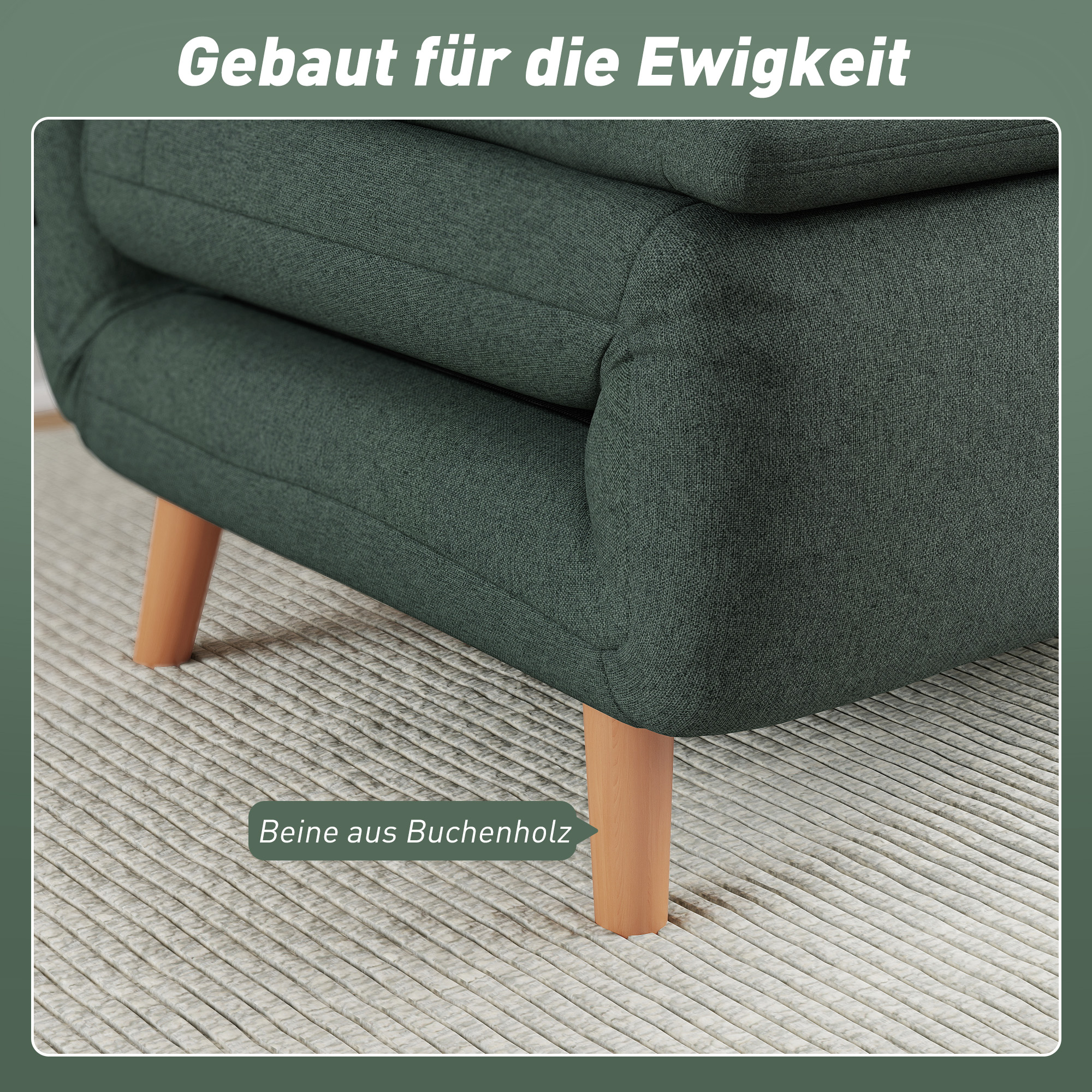 3-in-1 Schlafsessel mit Bett-Funktion, Liegesessel, verstellbare Rückenlehne, Buchenholzbeine, Kissen, Dunkelgrün