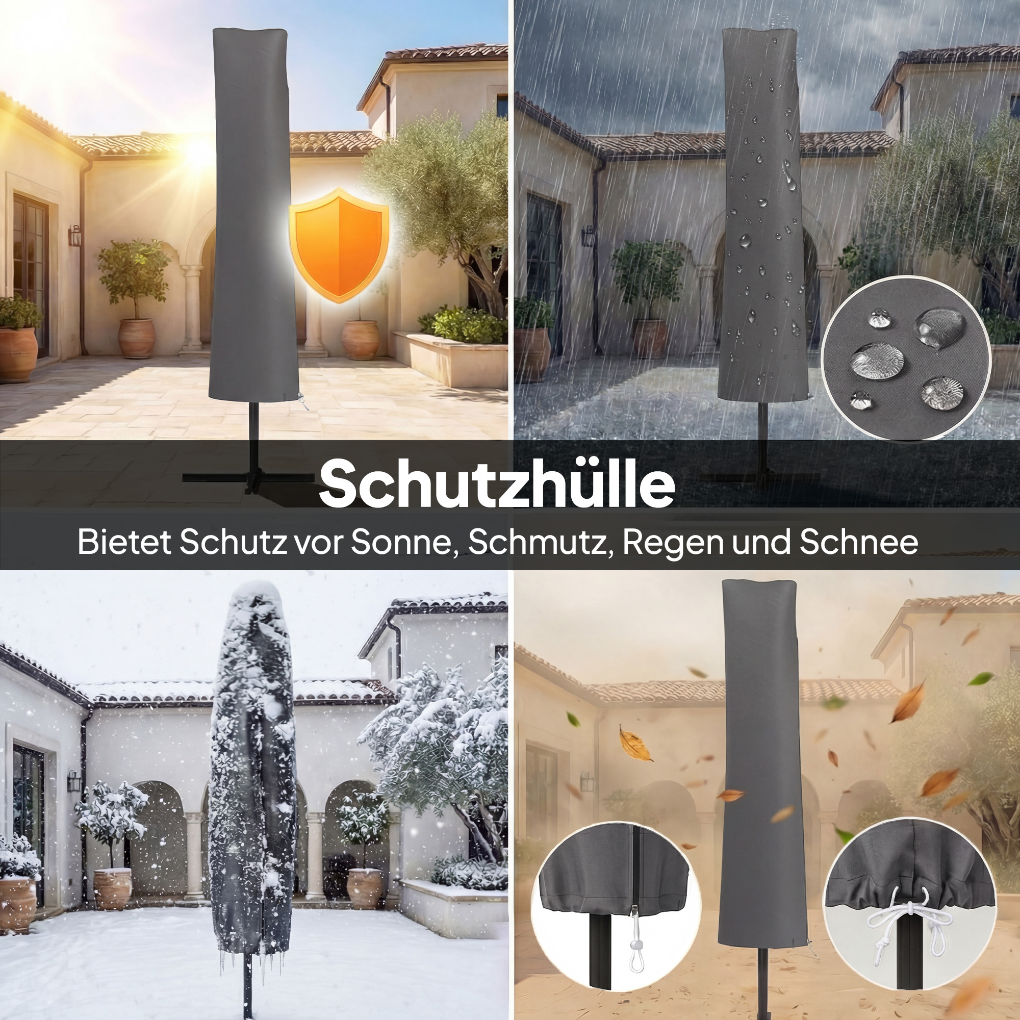 Ampelschirm ca. Ø300 cm Neigbar Sonnenschirm mit Kurbel Kreuzfuß Windseilen Schutzhülle Dunkelgrau