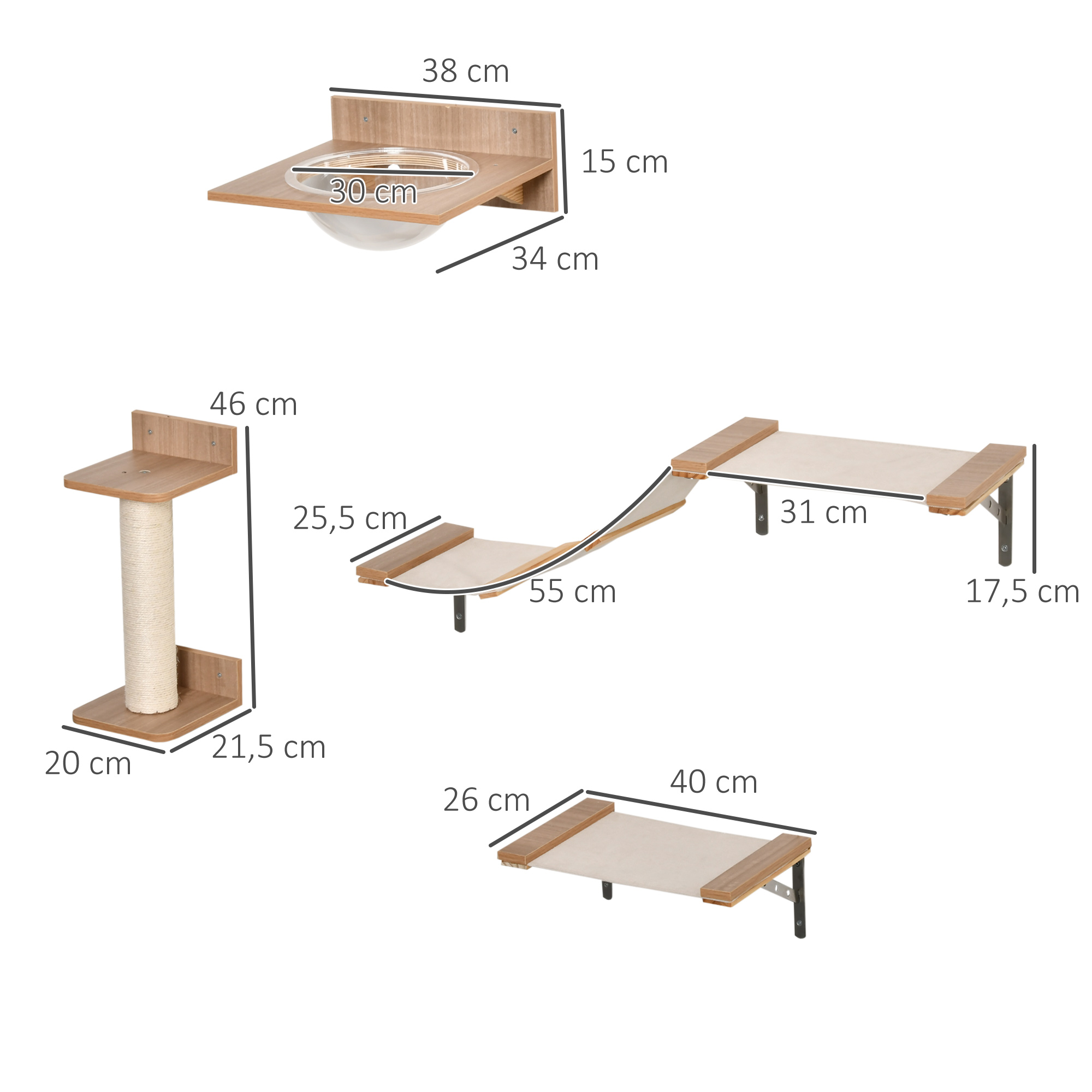 Kletterwand Katzen, 4-teilig Katzenkletterwand Set Katzen Wandelemente mit Kratzbaum Hängematte Sprungplattform Kratzsäule Katzentreppe Katzenwandmöbel für Klettern Schlafen bis 5 kg Hellbraun