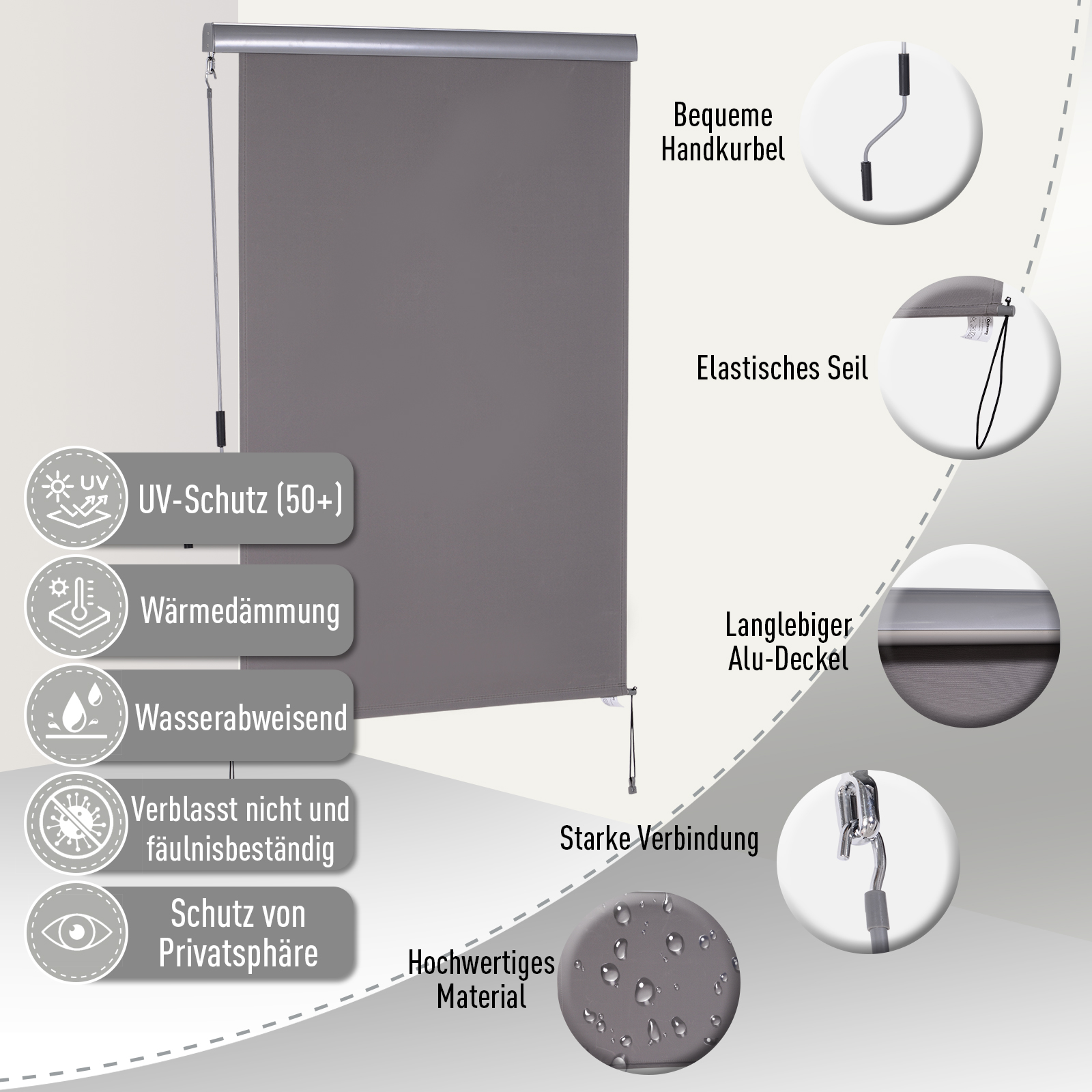 Senkrechtmarkise Balkonmarkise Vertikalmarkise Windschutz Seitenrollo Sichtschutz mit Handkurbel Polyesterstoff+Aluminium Grau 200 x 120 cm