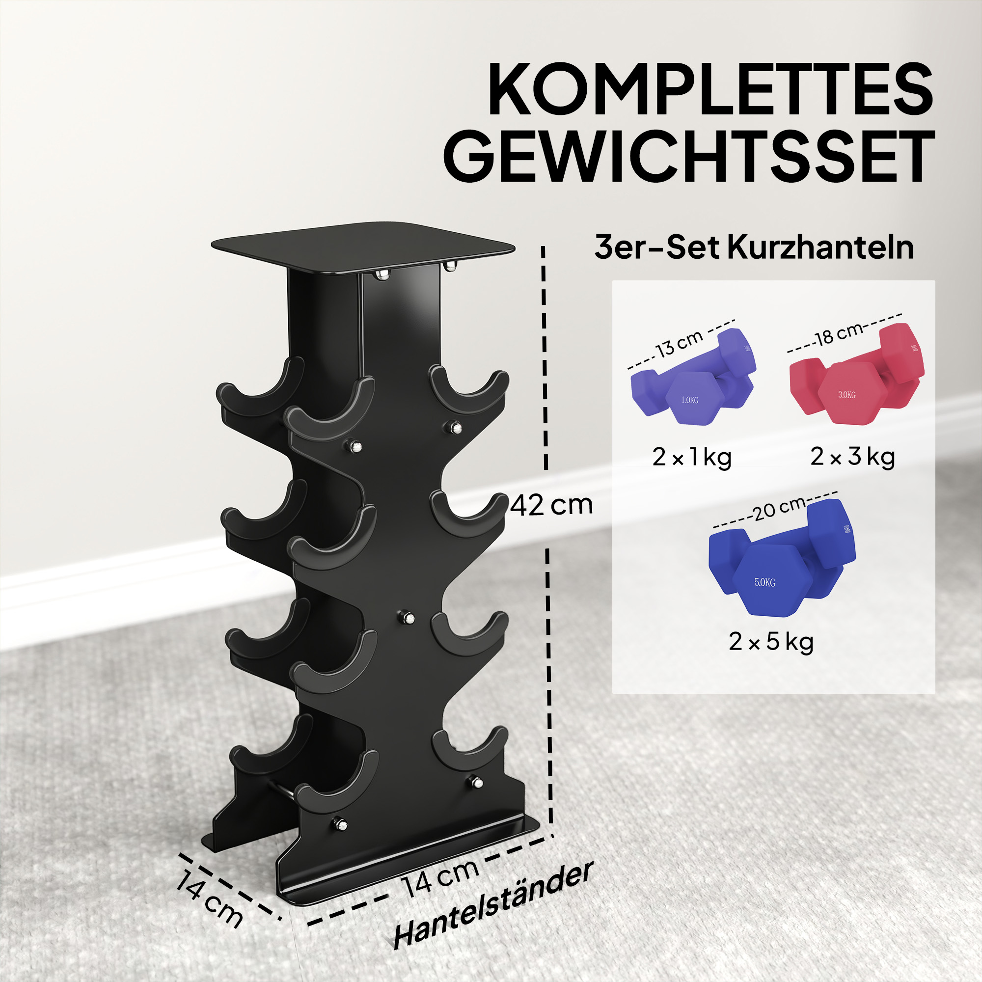 Hanteln Set 3 Paar Kurzhanteln mit Aufbewahrungsständer rutschfeste Griff, 1-5 kg Hexagon