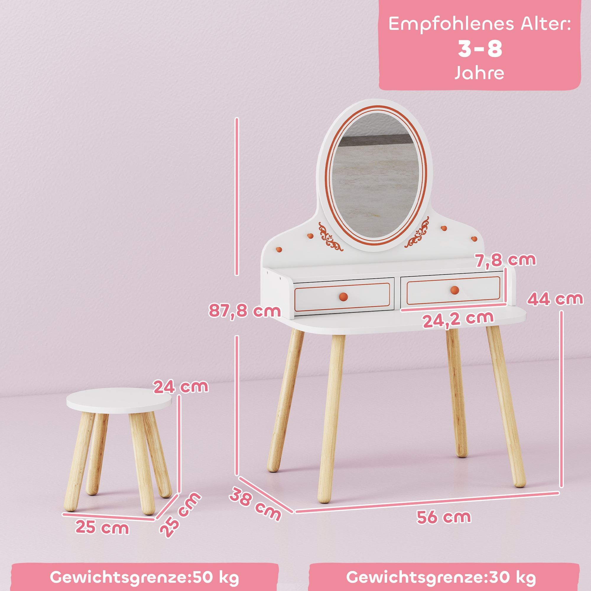 Kinder Schminktisch Set Frisiertisch mit Hocker Spiegel Schubladen Kleiderstangen für 3-8 Jahre 56 x 38 x 87,8 cm Weiß