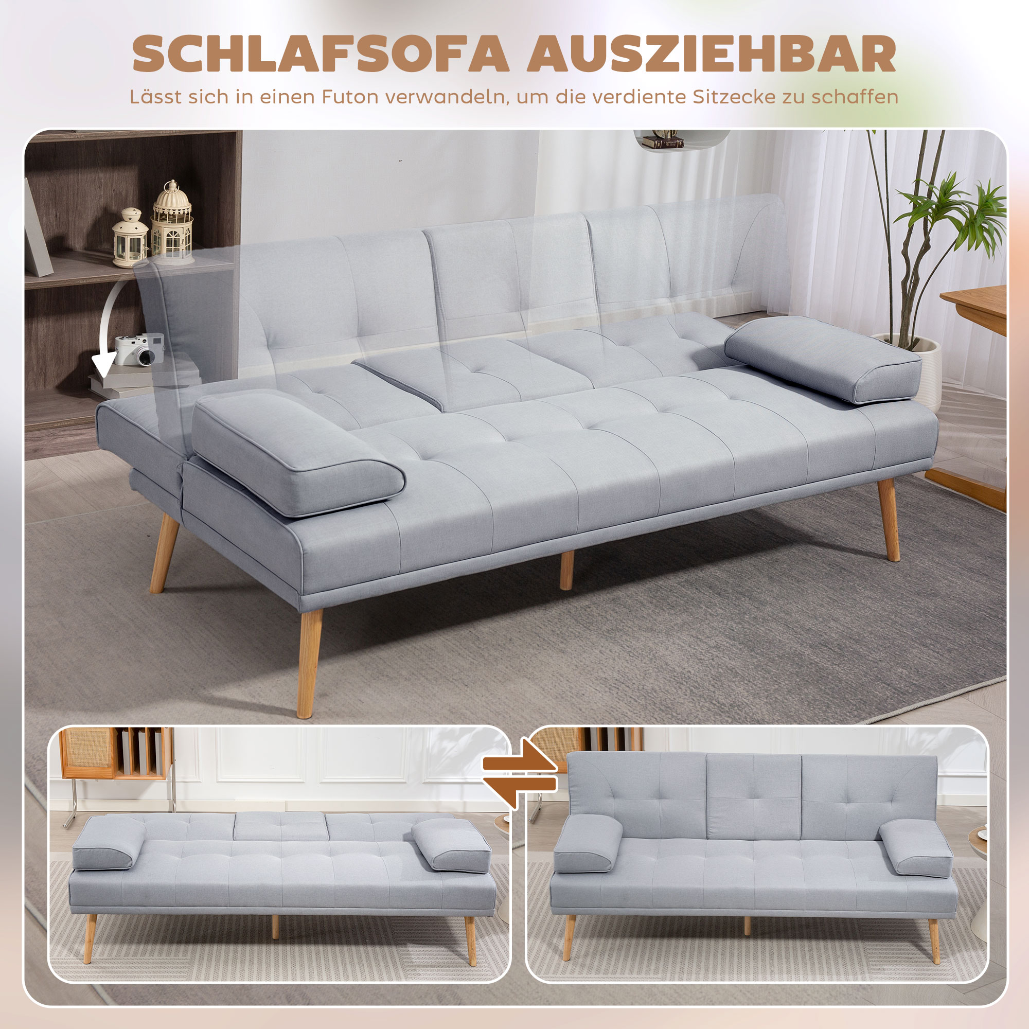 Schlafsofa, 3-Sitzer Sofa, Schlafcouch mit Klappbarem Tisch, Becherhalter, Bettsofa mit Leinenoptik, Couch Gästebet für Wohnzimmer, Hellgrau