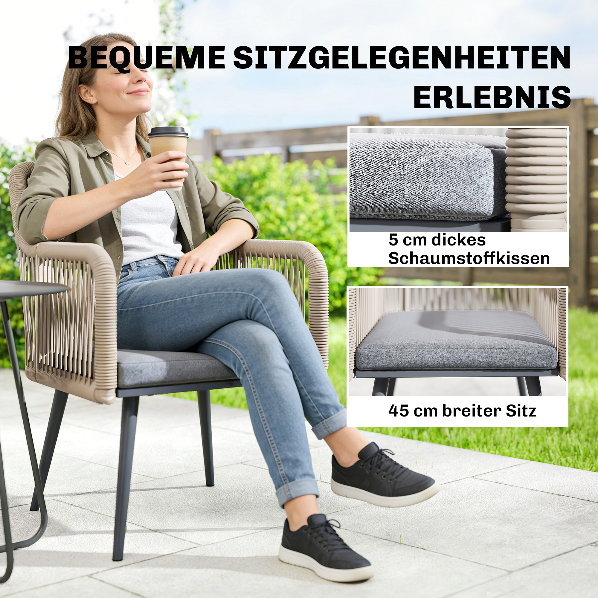 Gartenstuhl 2er Set wetterfest  Gartenstühle mit Armlehne Sitzkissen Metallrahmen bis 120 kg belastbar Hellgrau