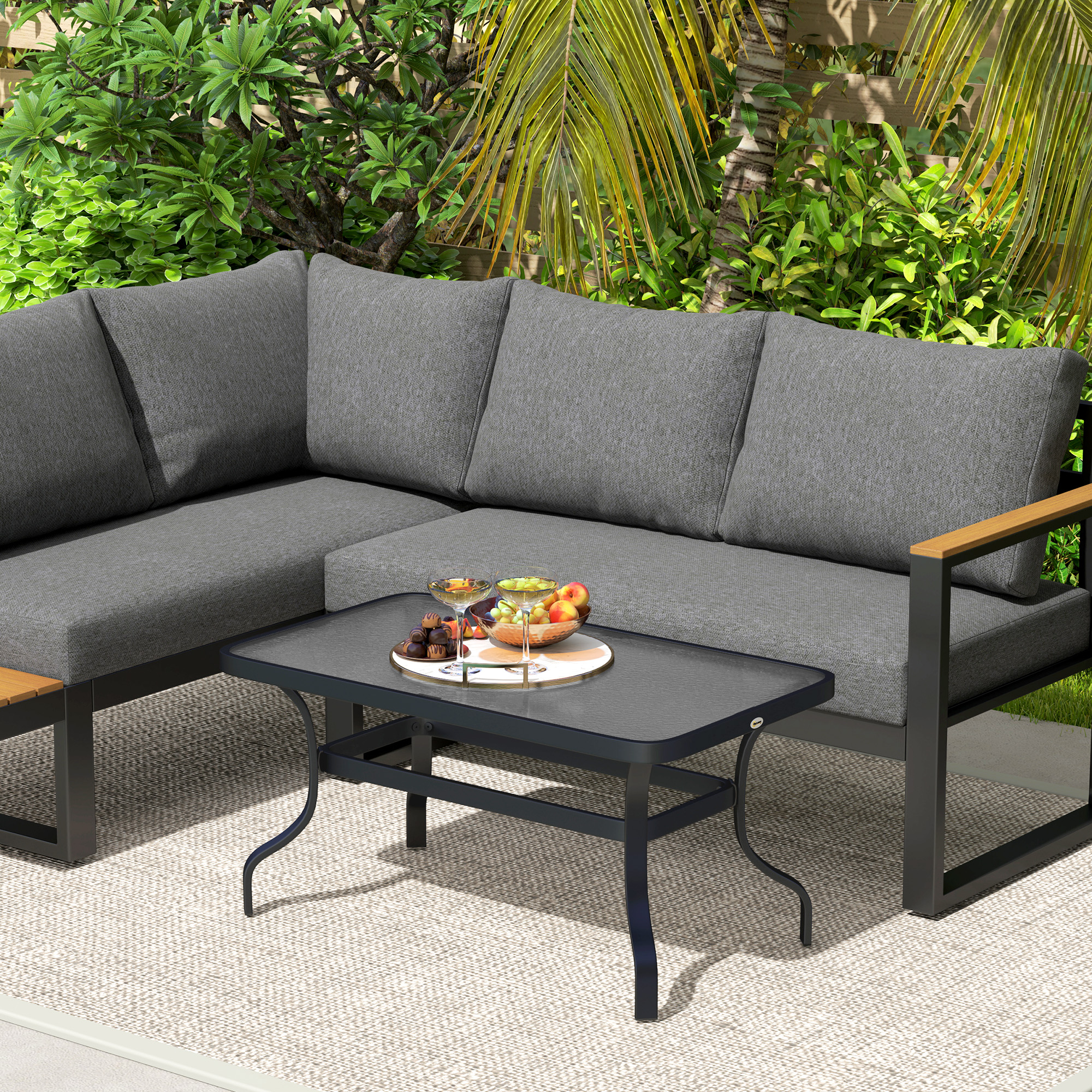 Beistelltisch Hartglas Kaffeetisch Couchtisch mit Wellendesign, Abgerundete Ecke Balkontisch 95x55 cm Schwarz